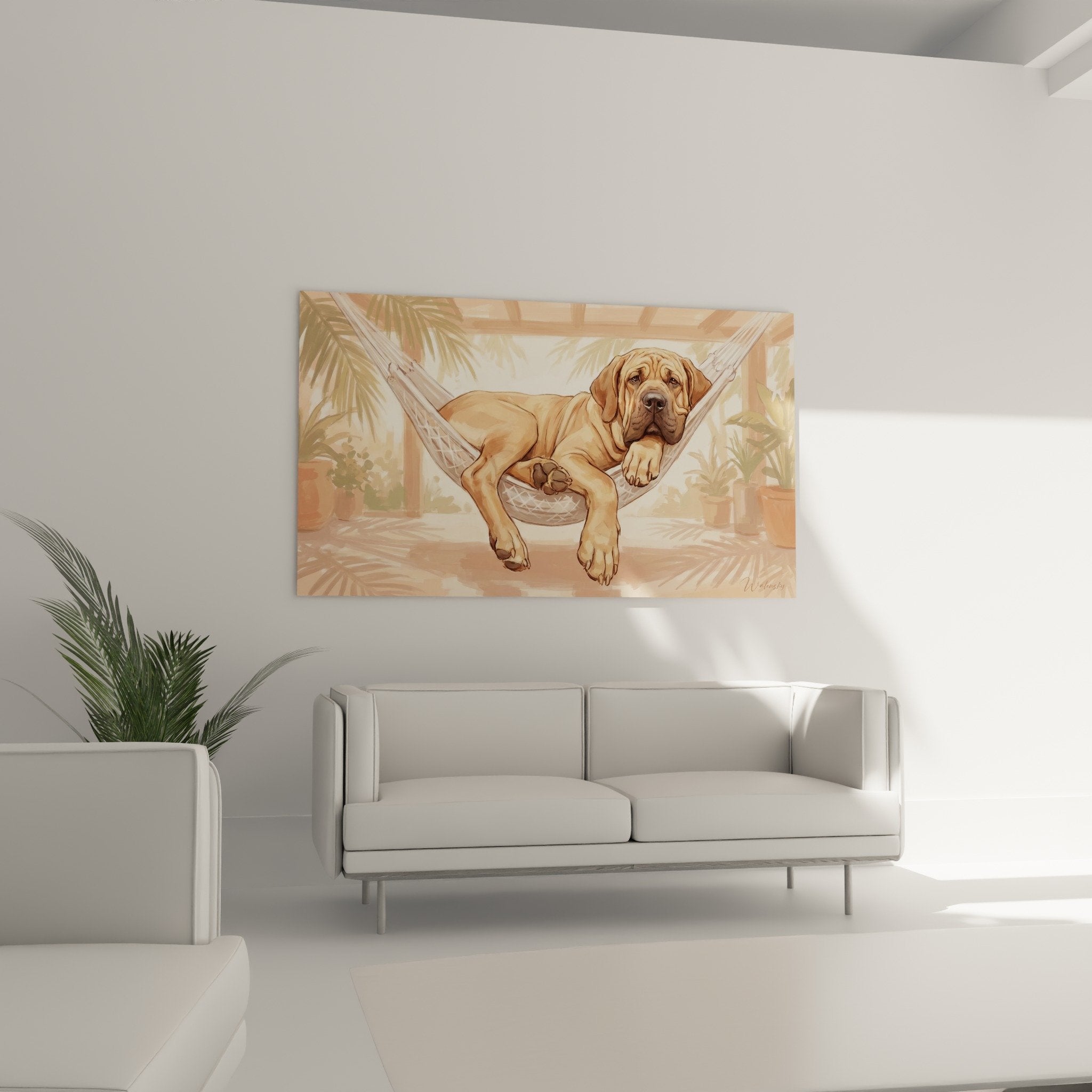 Close-up of serene Fila Brasileiro face resting peacefully in its woven tropical hammock
