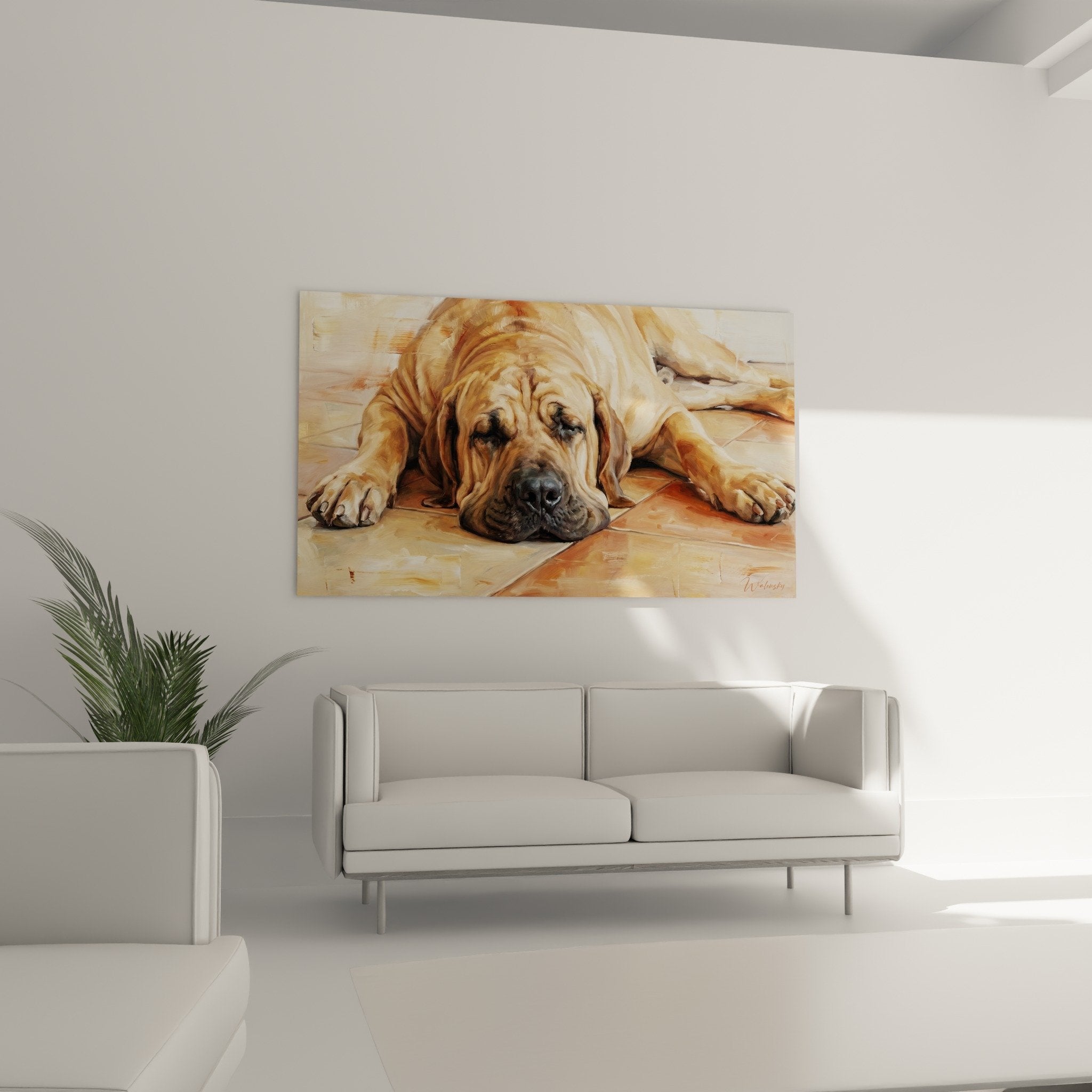 Détail tableau Fila Brasileiro pelage doré texture peinture reflets chaleureux nuances fauves bronze