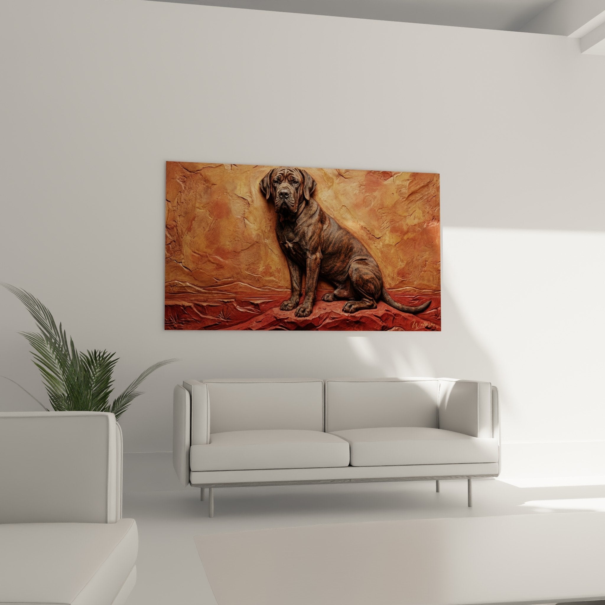 Détail rapproché Fila Brasileiro robe bringée sur pierre rouge, texture pelage marbrée contrastant avec rocher rugueux