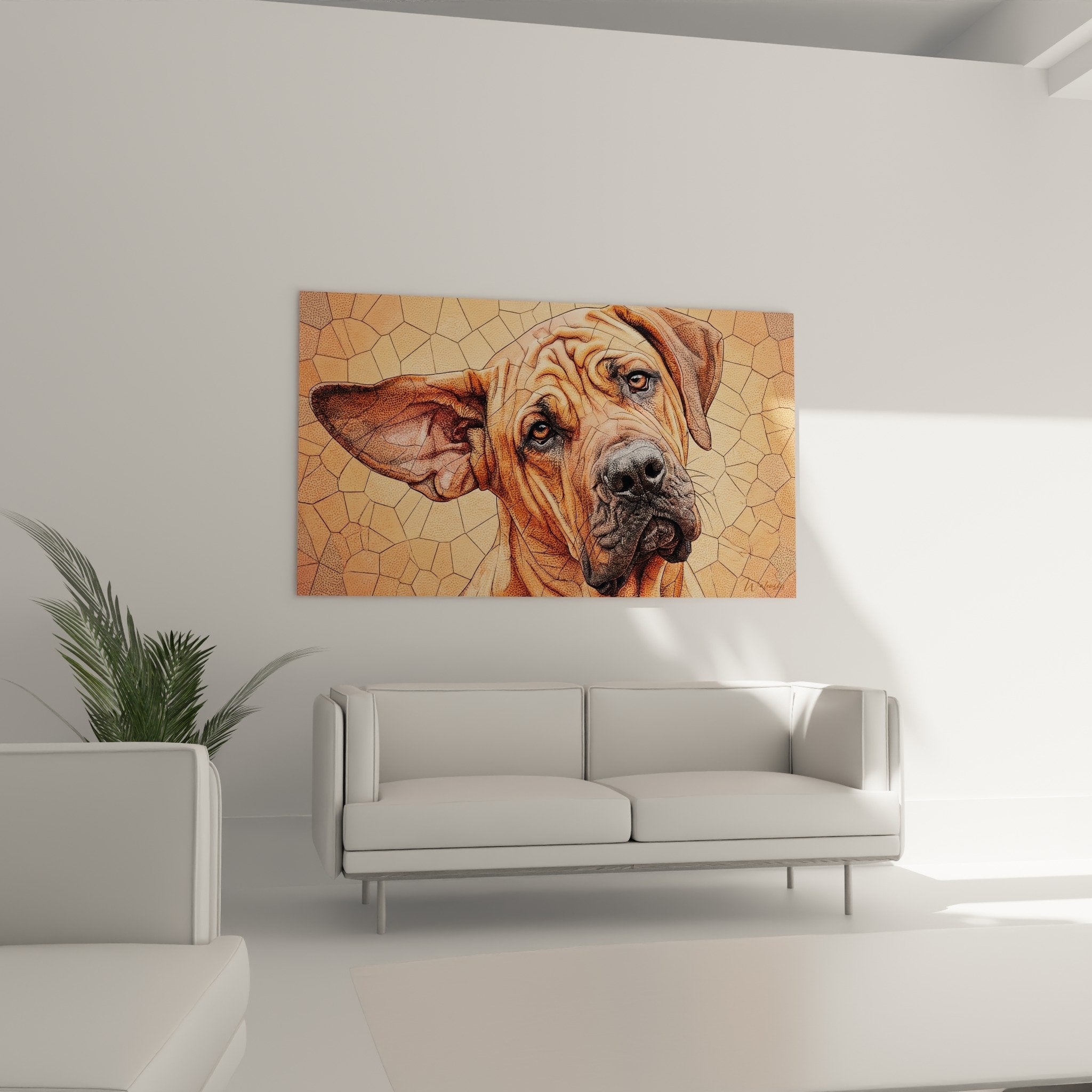 Détail portrait Fila Brasileiro mosaïque, yeux ambrés expressifs et plis caractéristiques de la peau