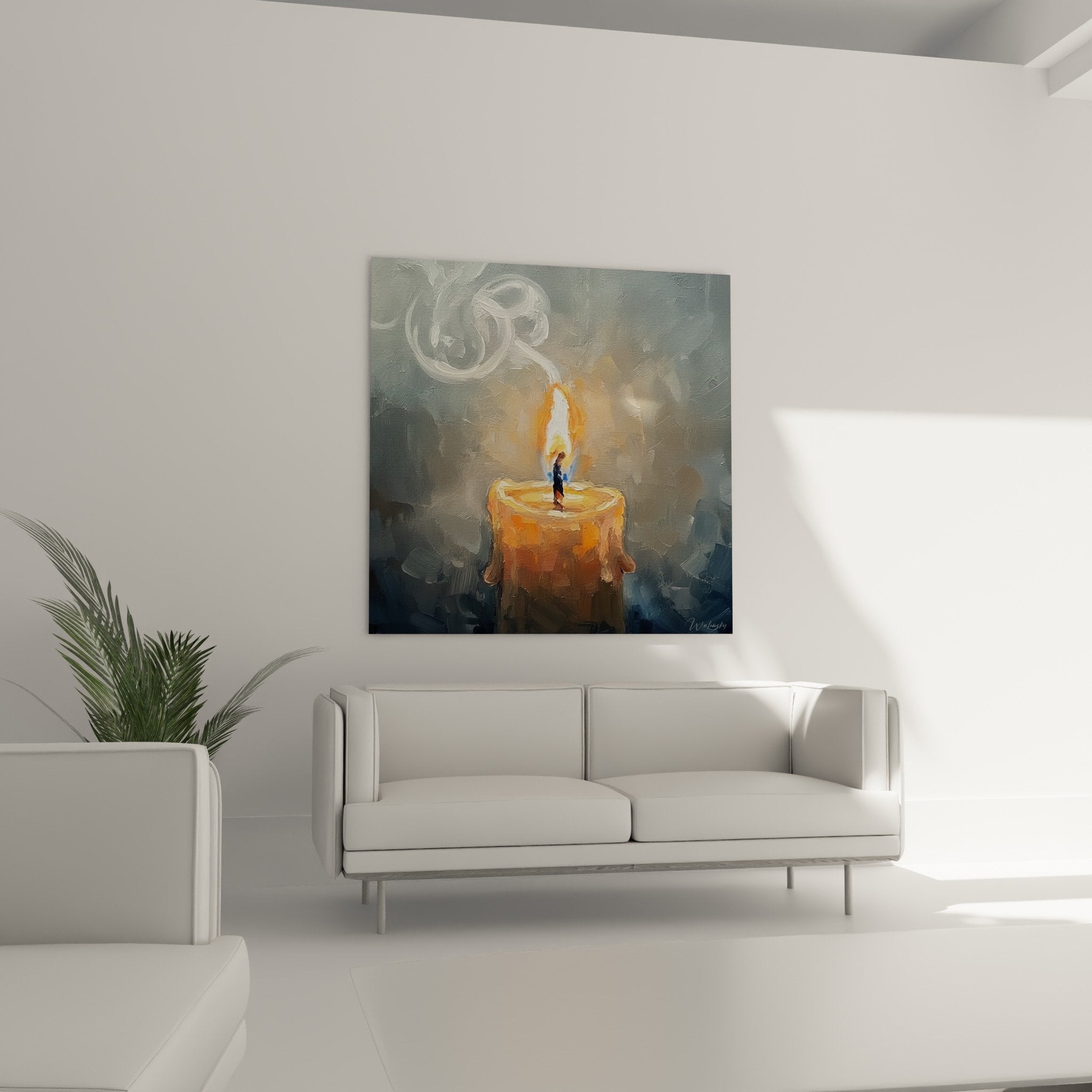 Detail peinture flamme bougie orange coups pinceau texture artistique fumee blanche volutes