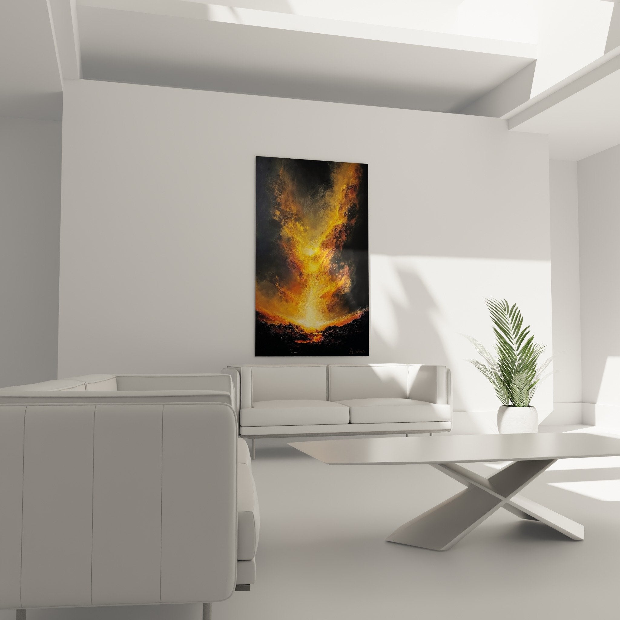 Golden flames and grainy textures volcanic crater detail feng shui south fire wall art