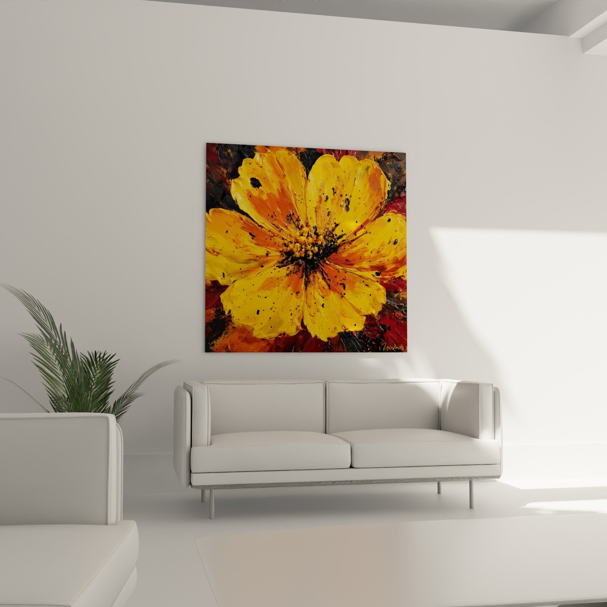 Detail fleur jaune orange peinture epaisse empâtements centre noir contraste feng shui sud feu