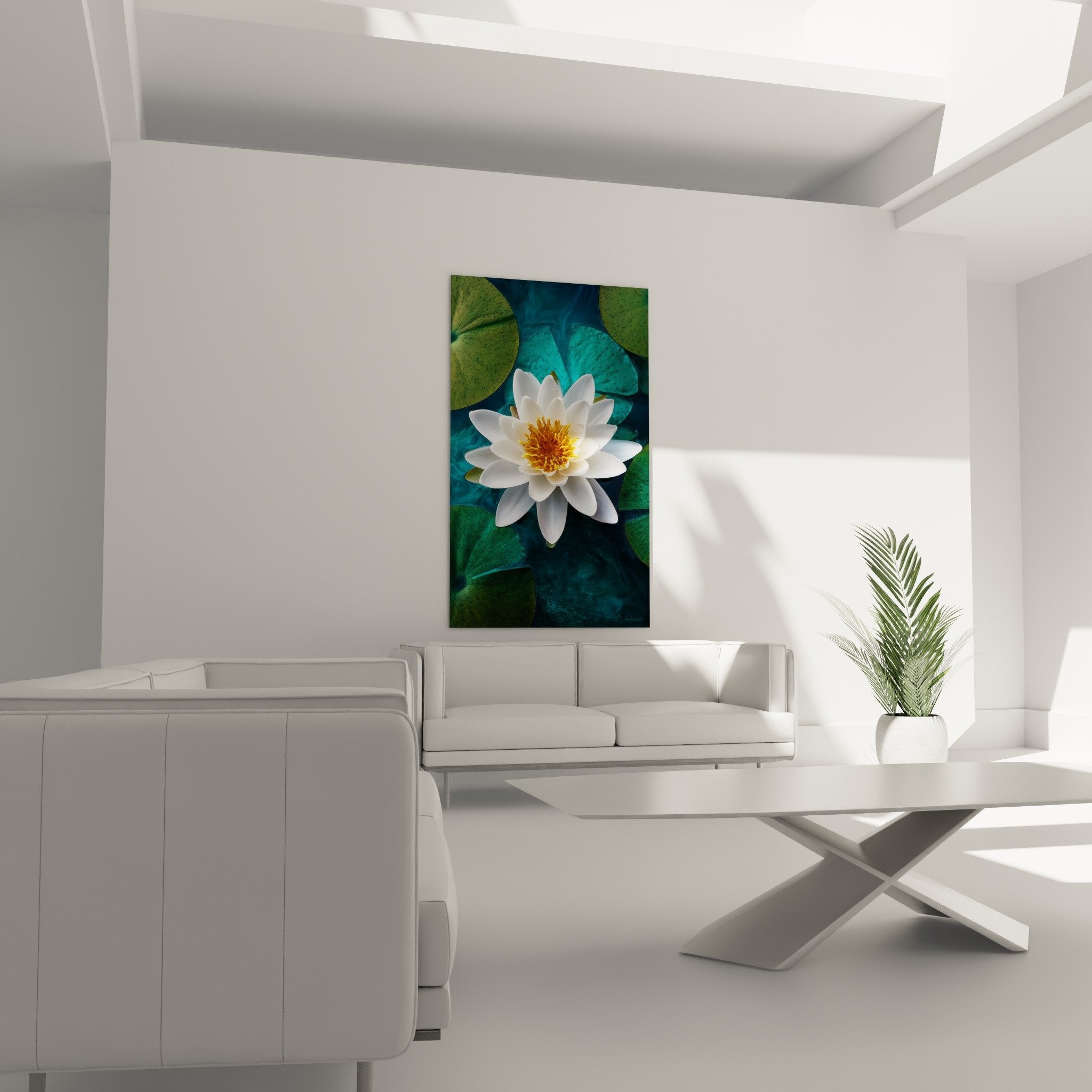 Détail rapproché nénuphare blanc aux pétales délicats et cœur doré sur feuillage turquoise artistique