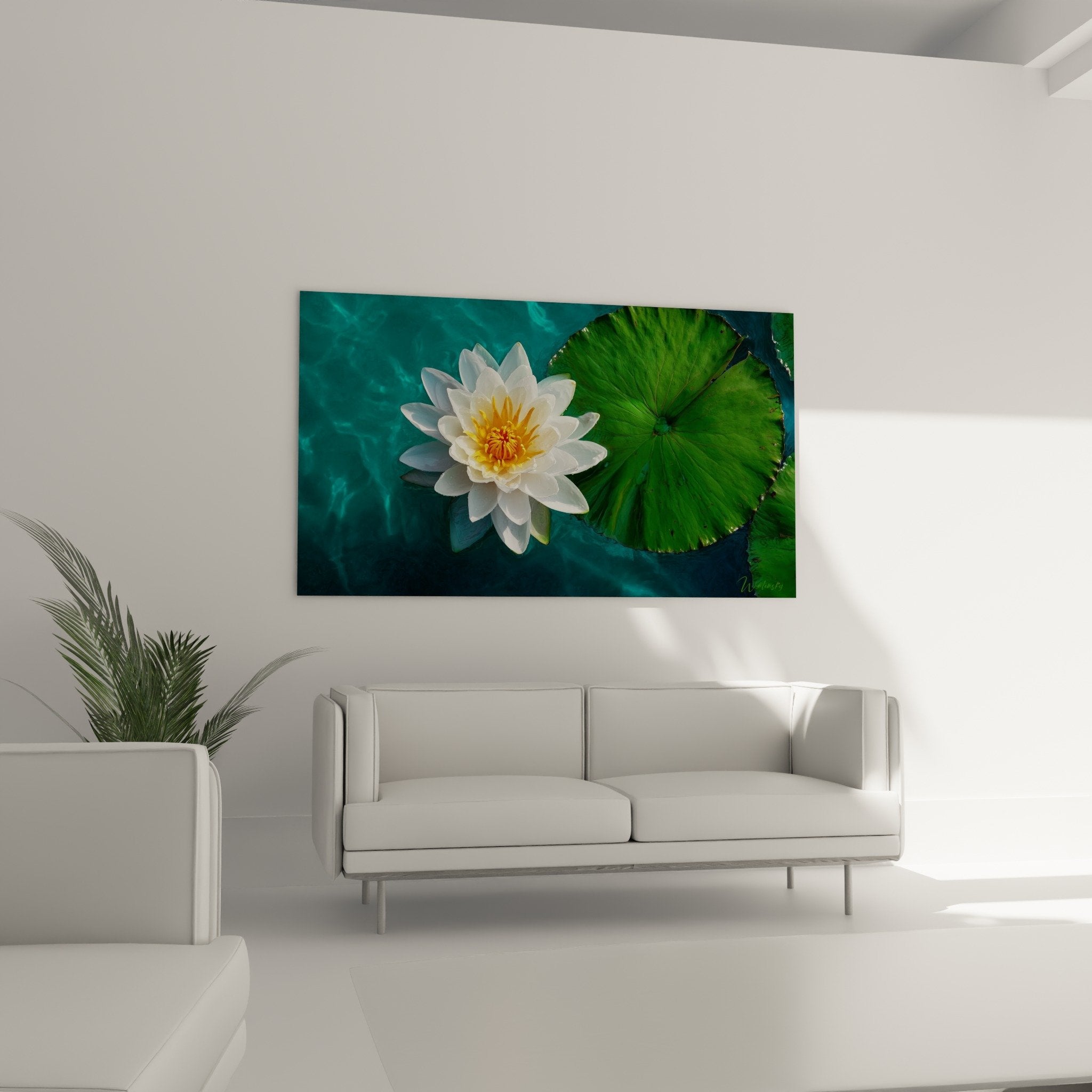 Gros plan tableau nénuphar blanc éclatant aux étamines dorées sur surface aquatique turquoise