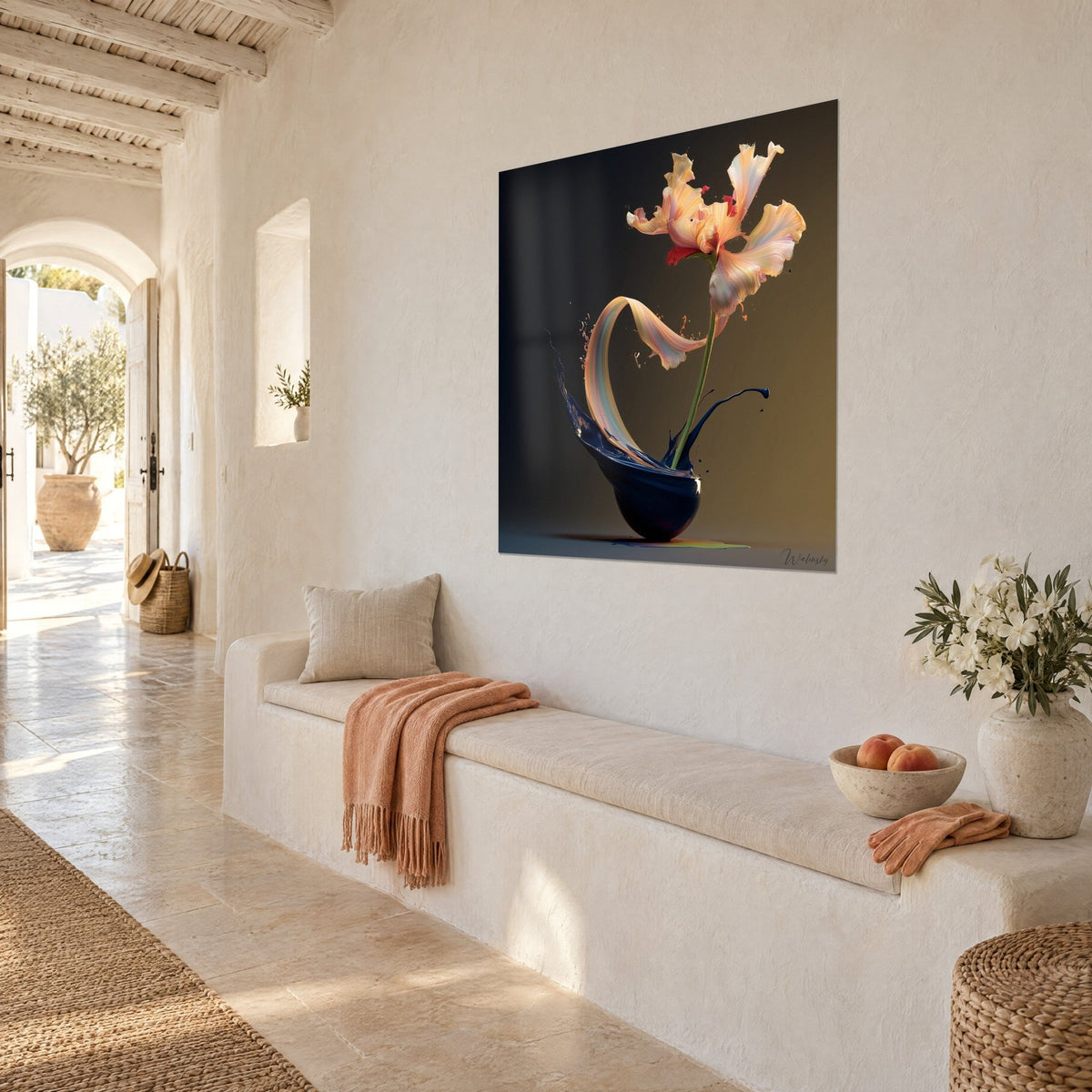 Wall art ikebana arrangement with crumpled peach and cream petals, indigo ink vase, on the wall of a Mediterranean house