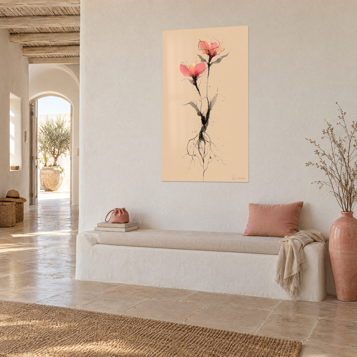 Cuadro de una acuarela de dos corolas melocotón y rosa, raíces de tinta negra visibles, fondo arena, banqueta blanca de una casa mediterránea
