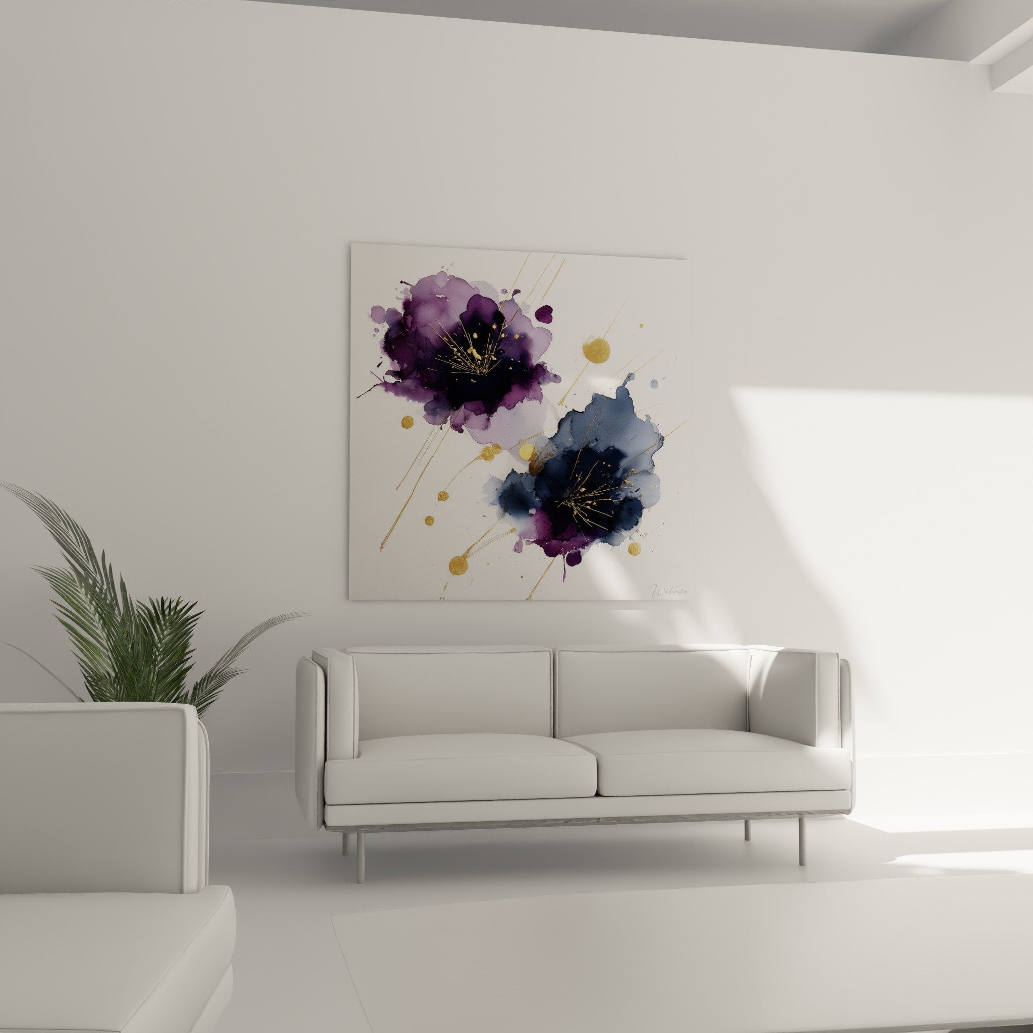 Abstract purple flowers with radiant golden touches watercolor detail