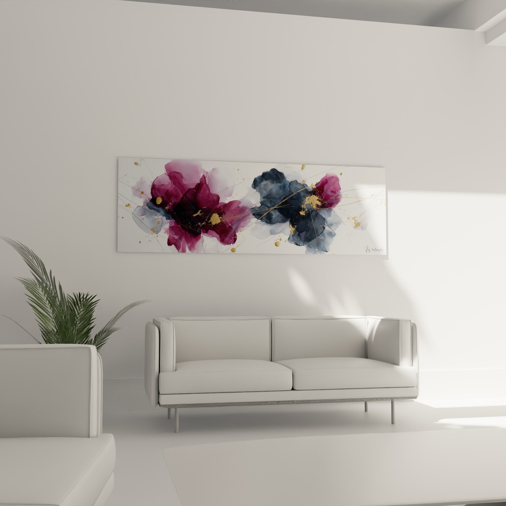 Detail purple blue watercolor flowers golden splashes modern painting