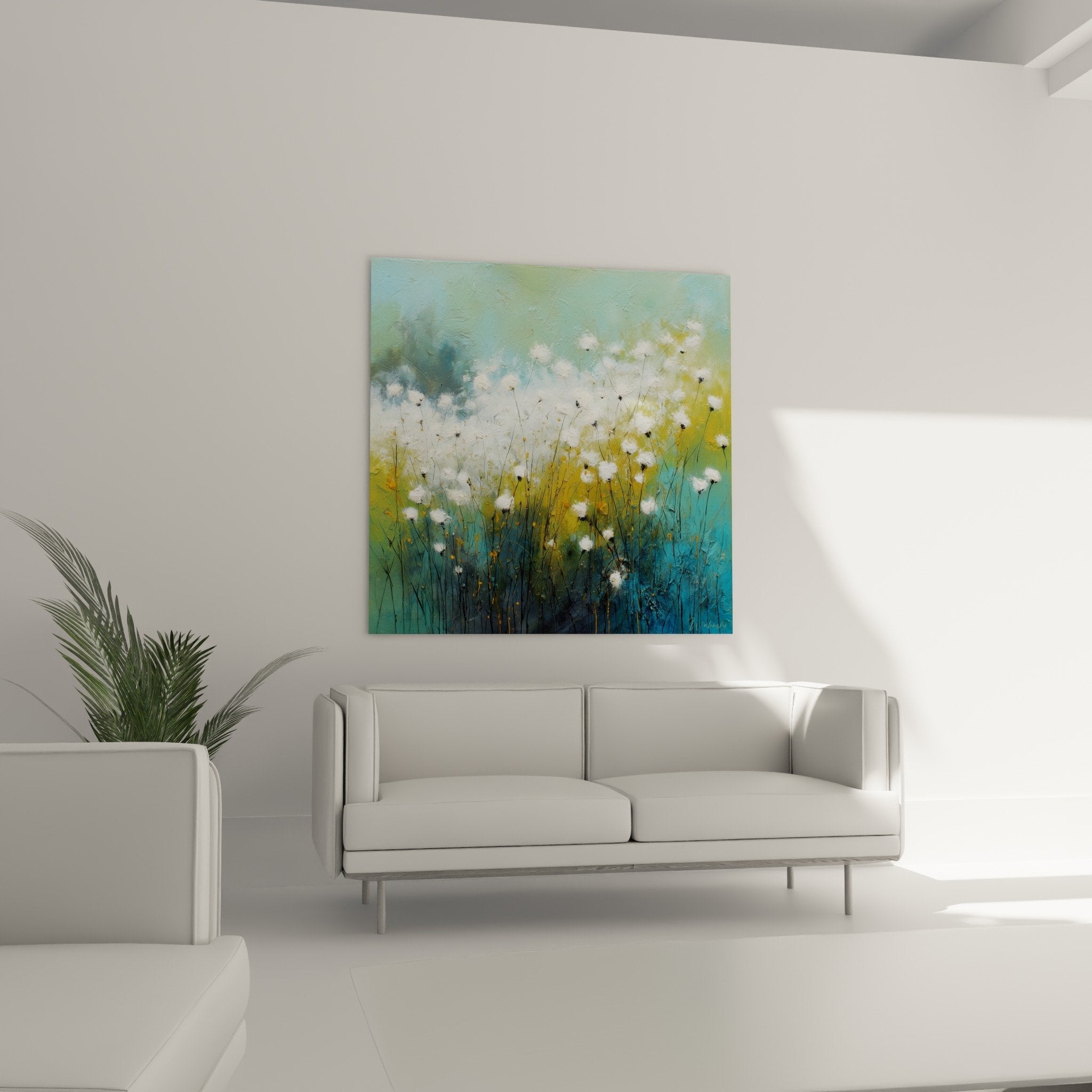 Détail peinture fleurs blanches graminées technique impressionniste empâtements textures artistiques