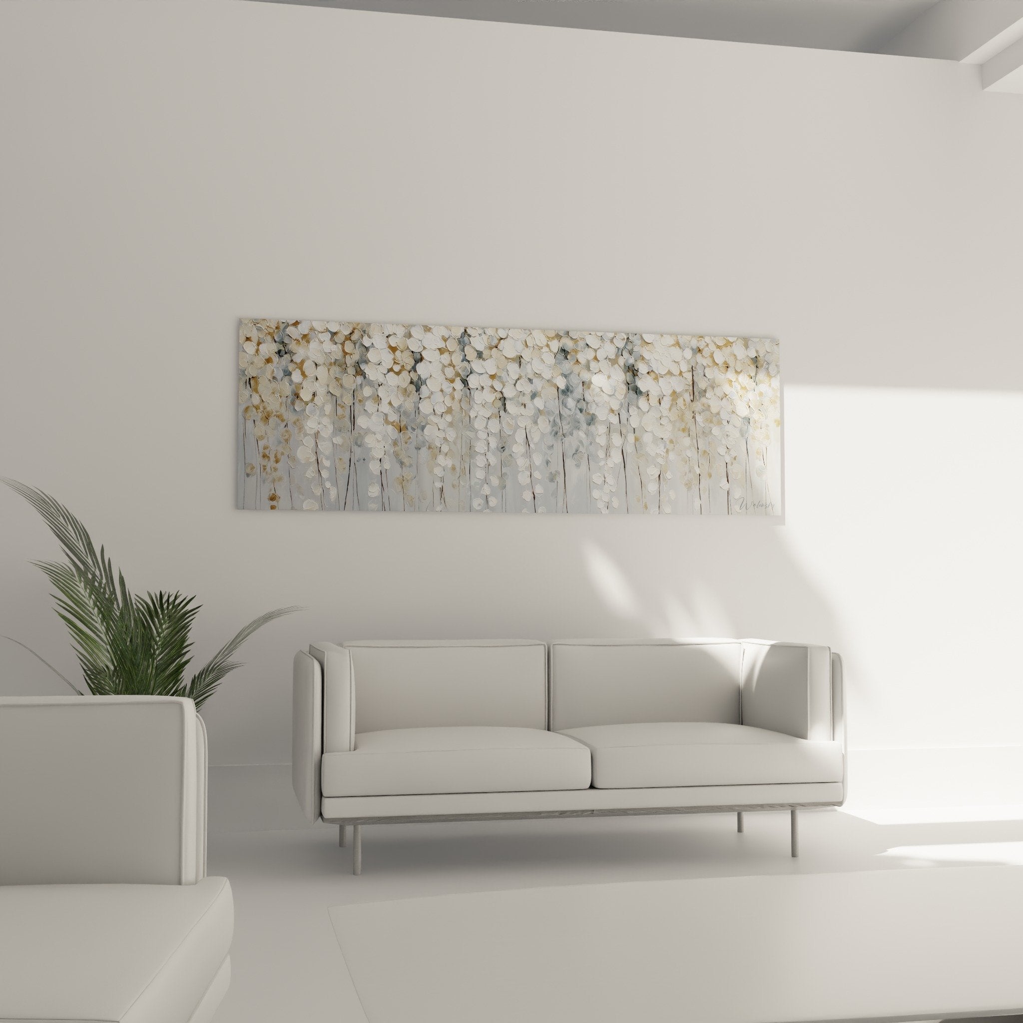 Detail white flowers and golden reflections on branches feng shui west metal artwork delicate texture