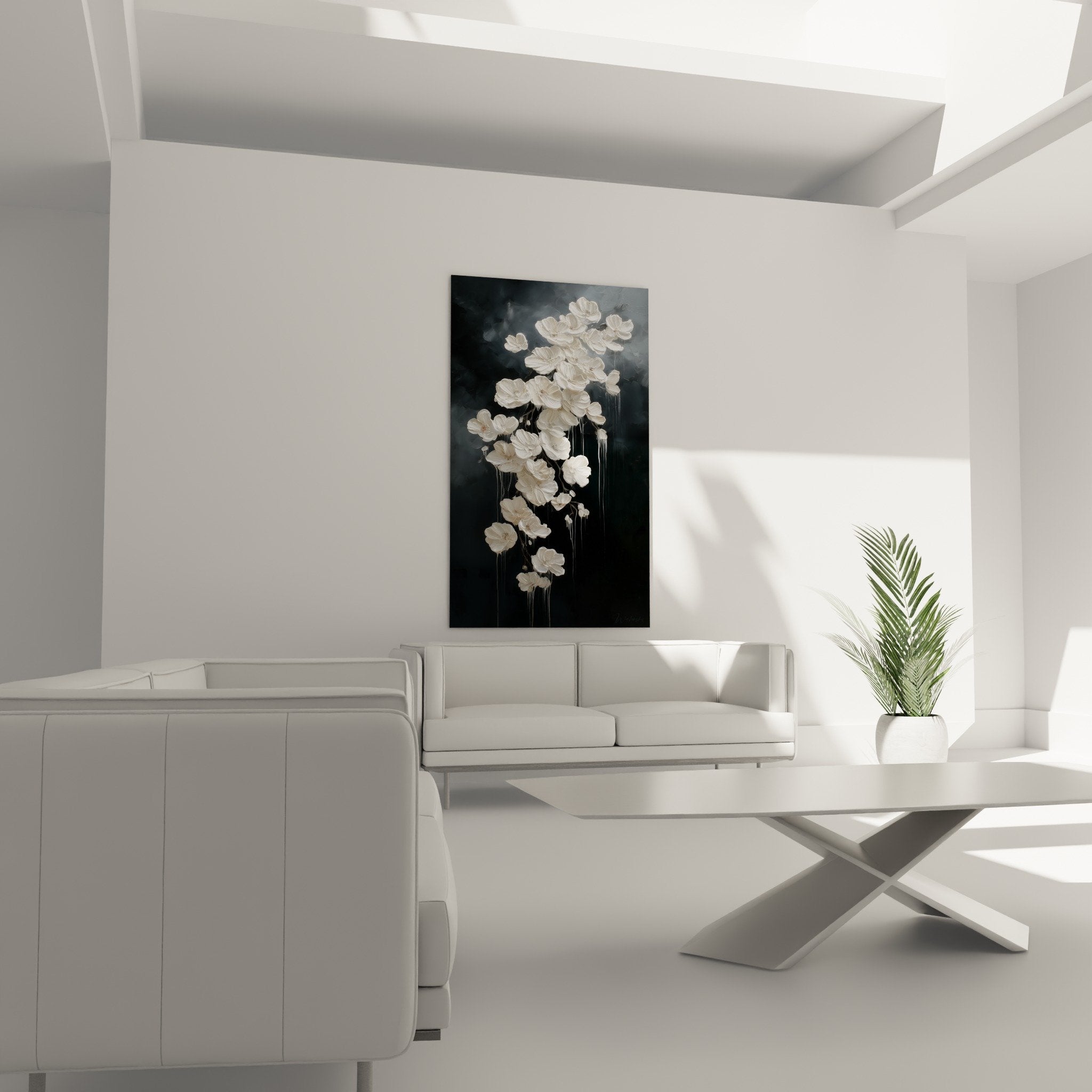 Detail white sculpted flowers pearlescent reflections textured petals relief feng shui metal artwork
