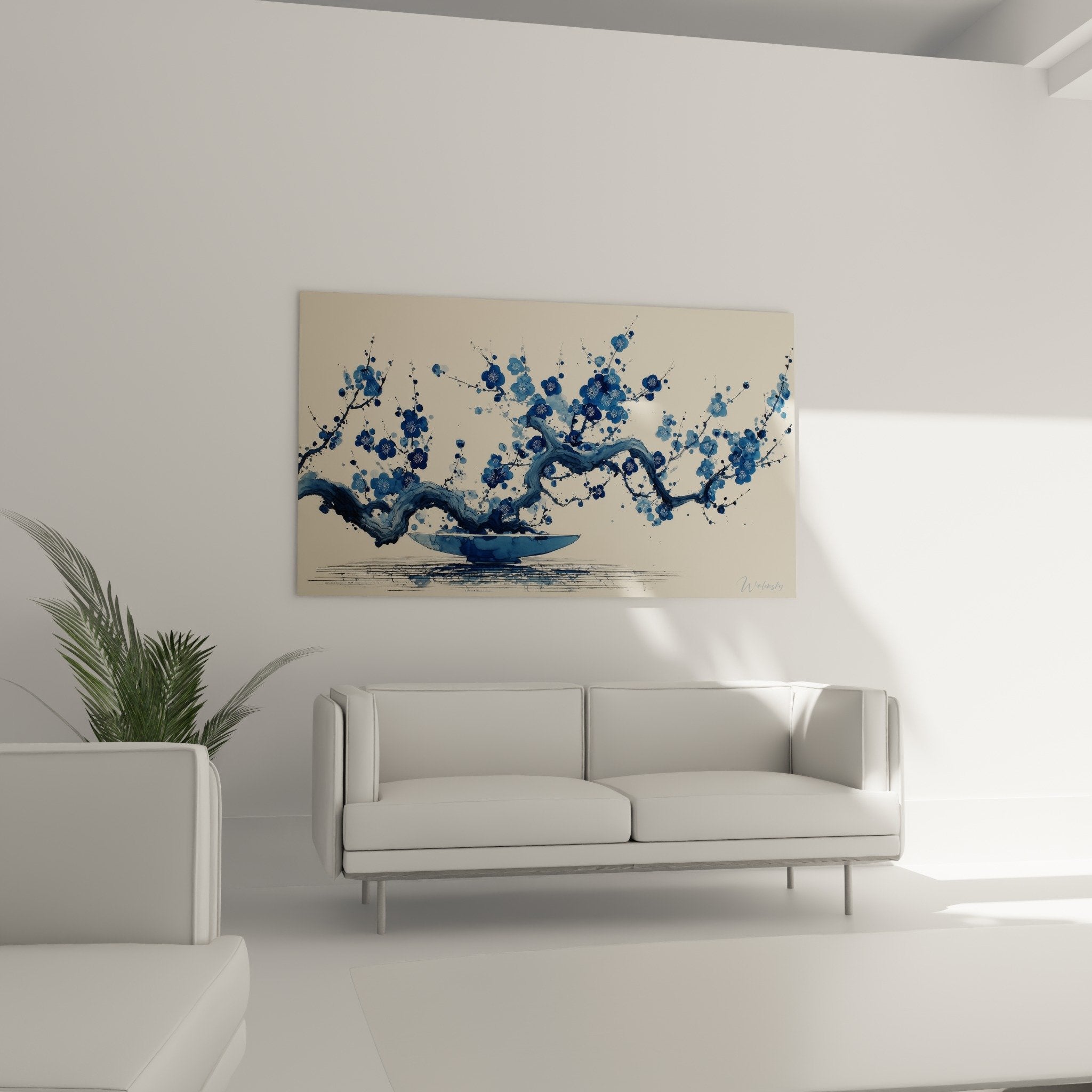 Detail fleurs bleues branche prunier art japonais peinture ikebana nuances bleu indigo