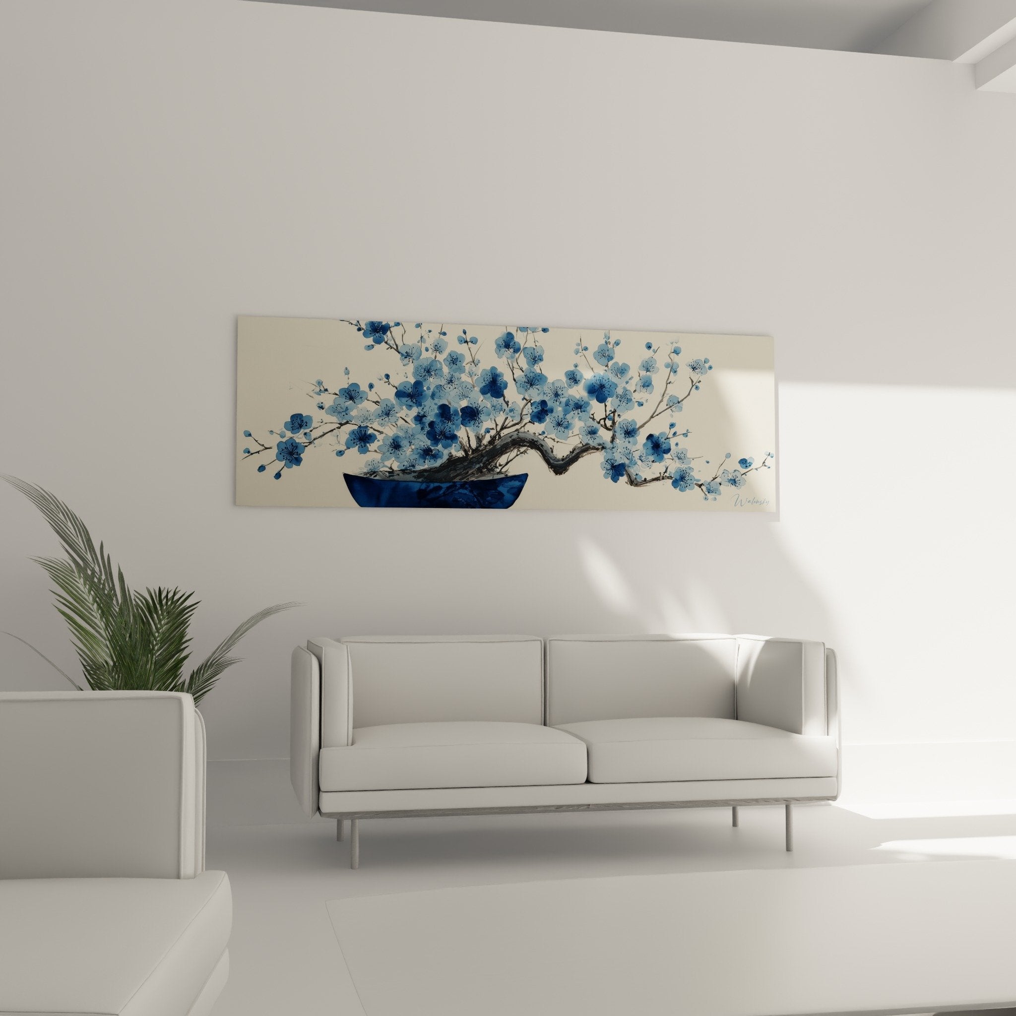 Detail fleurs cerisier bleues aquarelle vase cobalt art japonais ikebana contemporain