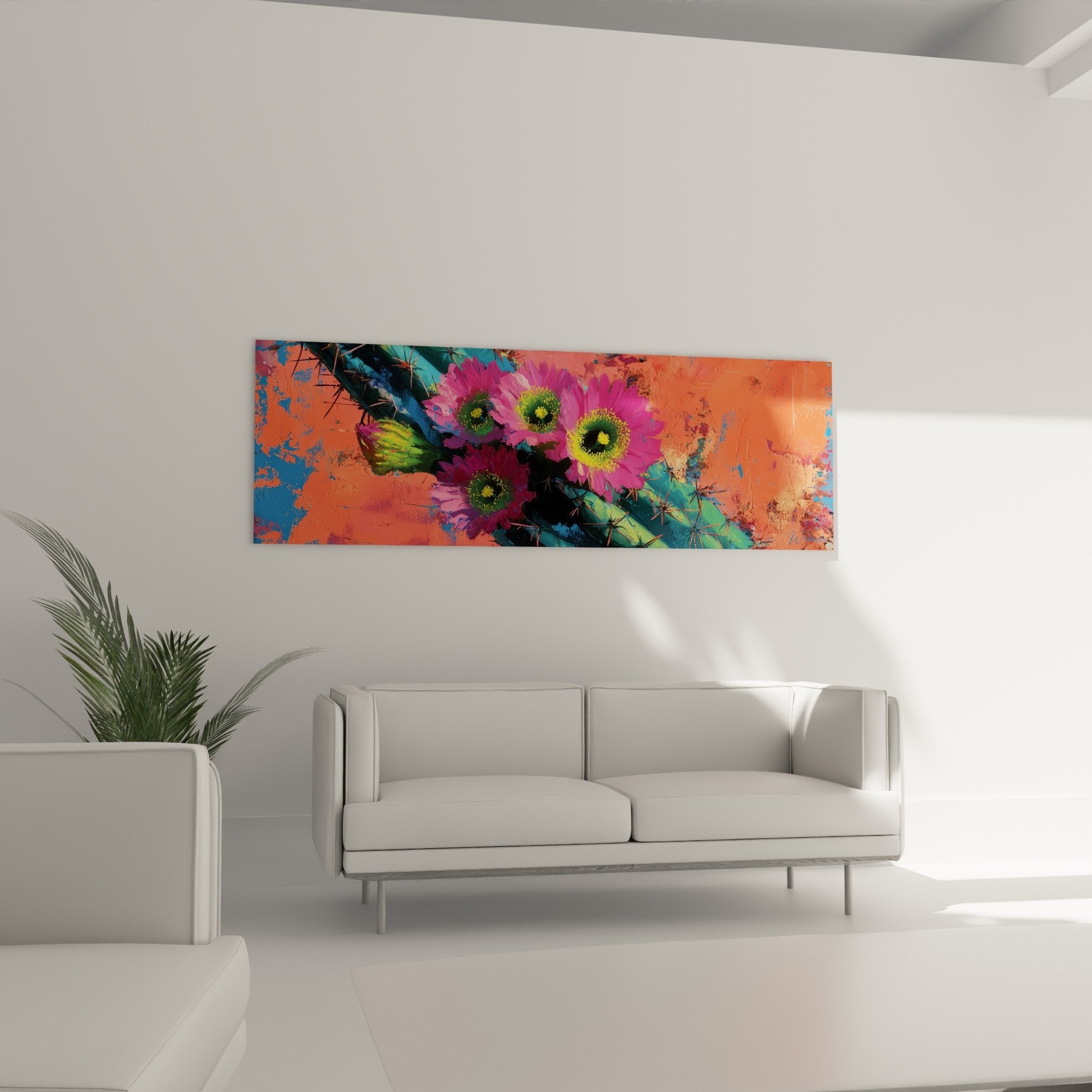 Nahaufnahme Kakteen Blüten Fuchsia gelbes Herz schwarze Stacheln zeitgenössische Malerei künstlerische Details