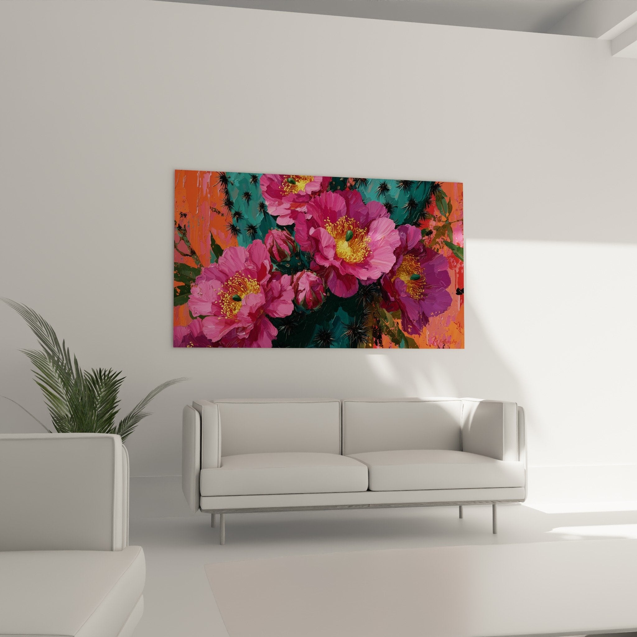 Détail fleurs cactus rose fuschia pistils jaunes épines noires peinture moderne