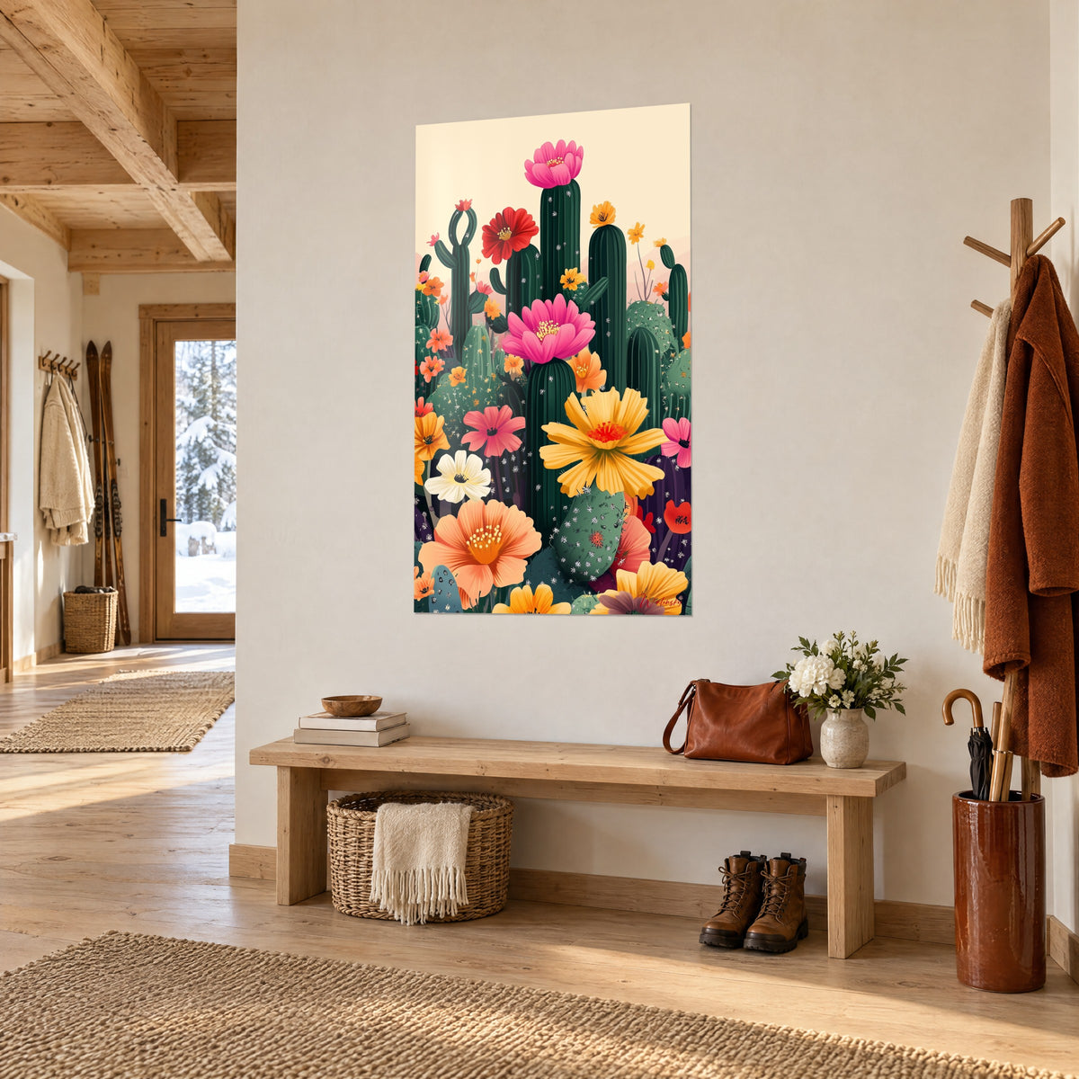 Wall art floral oasis with orange and purple blooms on a cream background, three-quarter view in the wooden hallway of a chalet