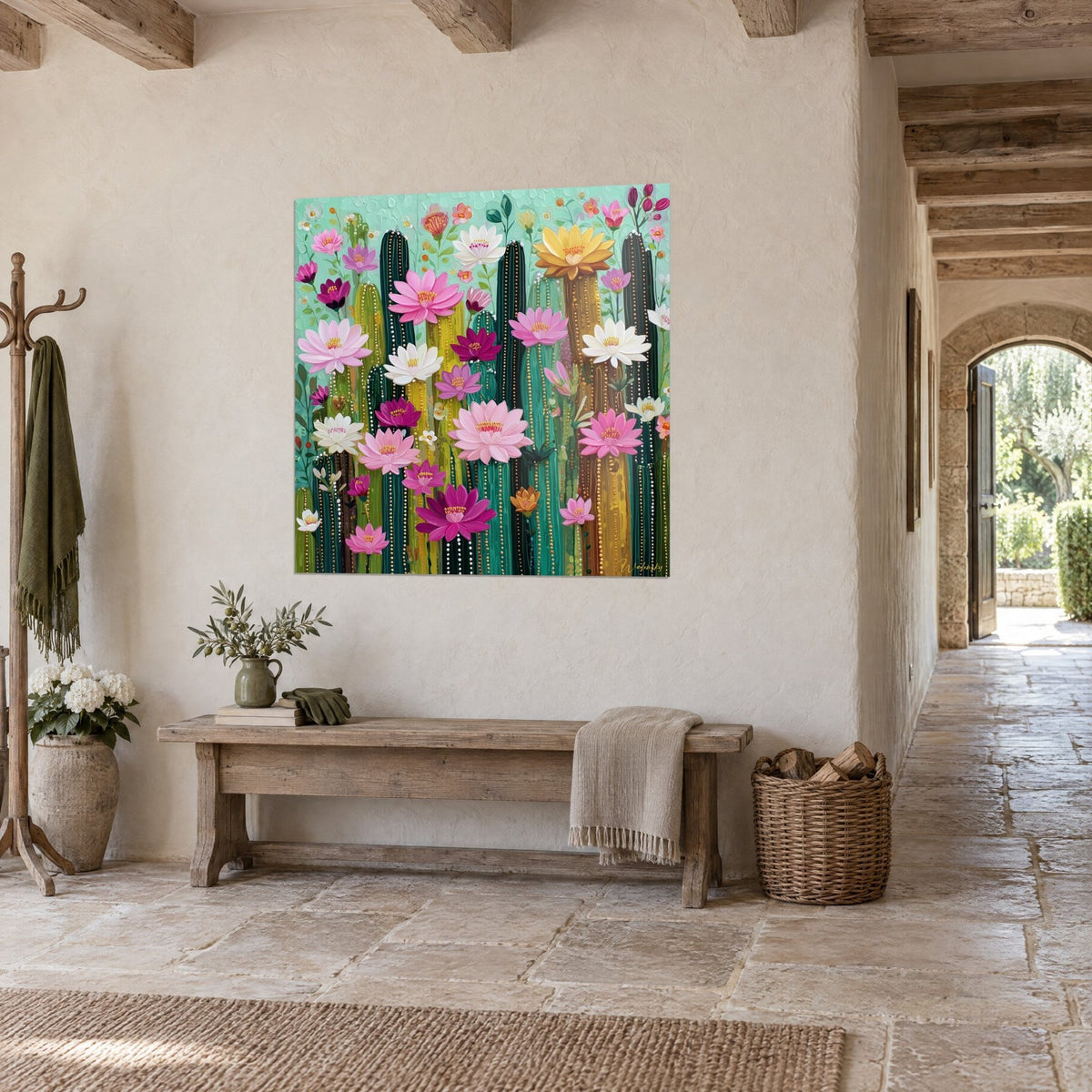 Gemälde geometrischer Kakteengarten, fuchsiafarbene und elfenbeinweiße Blüten auf Türkis, Steinwand, Flur in Dreiviertelansicht