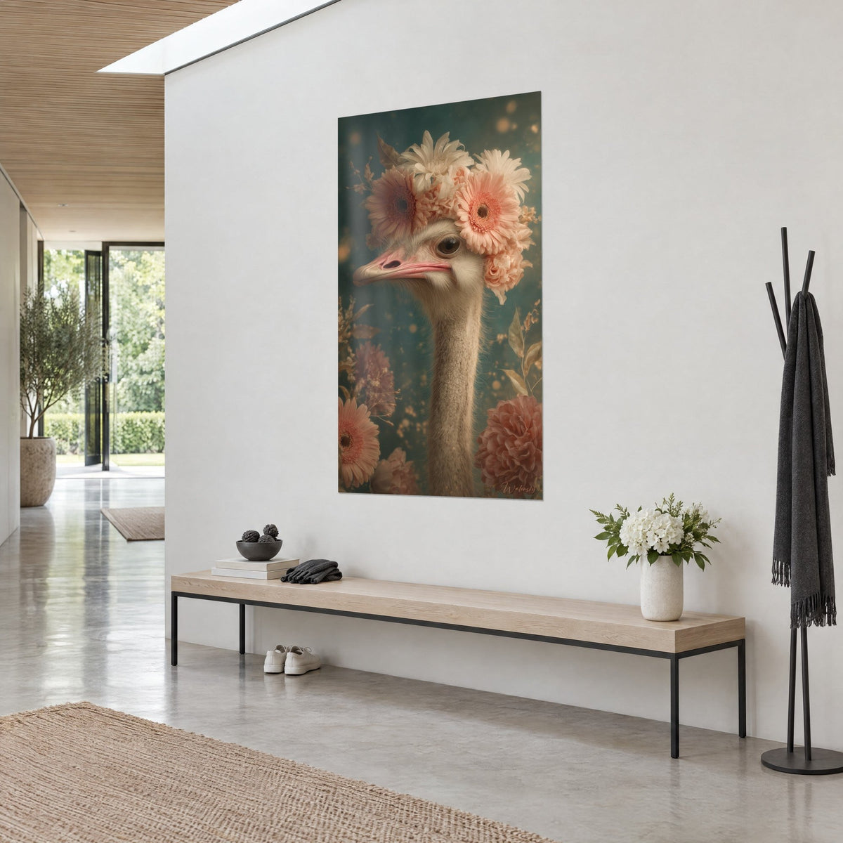 Wall art bird with a pink beak, floral portrait, wreath of salmon and ivory flowers, turquoise background, wooden console, bright hallway