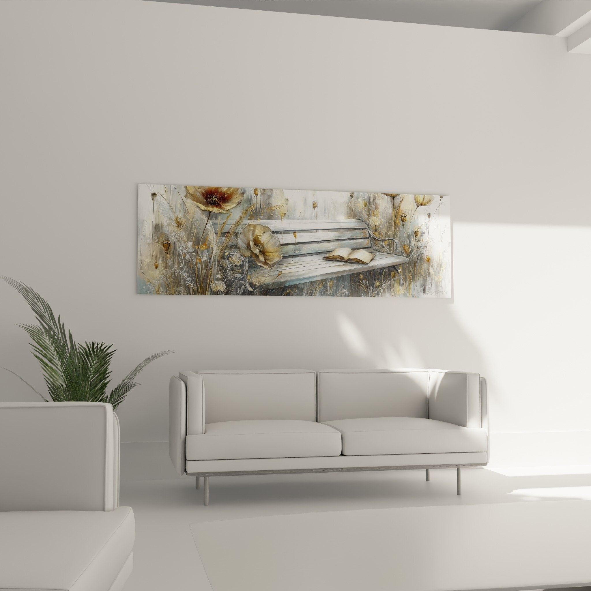 Dettaglio quadro fiori dorati libro aperto panchina giardino pittura acquerello toni ocra beige caldi