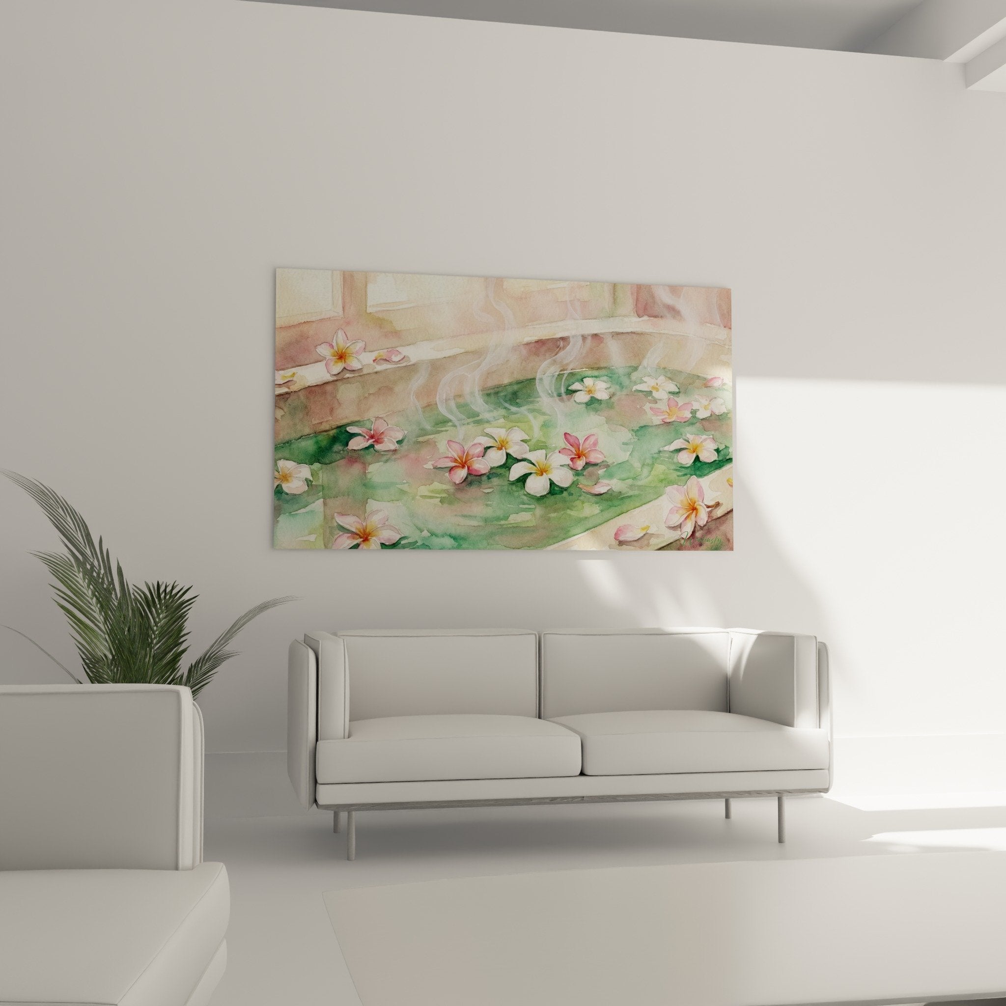 Gros plan fleurs frangipanier aquarelle petales roses blancs eau verte vapeur tableau bali