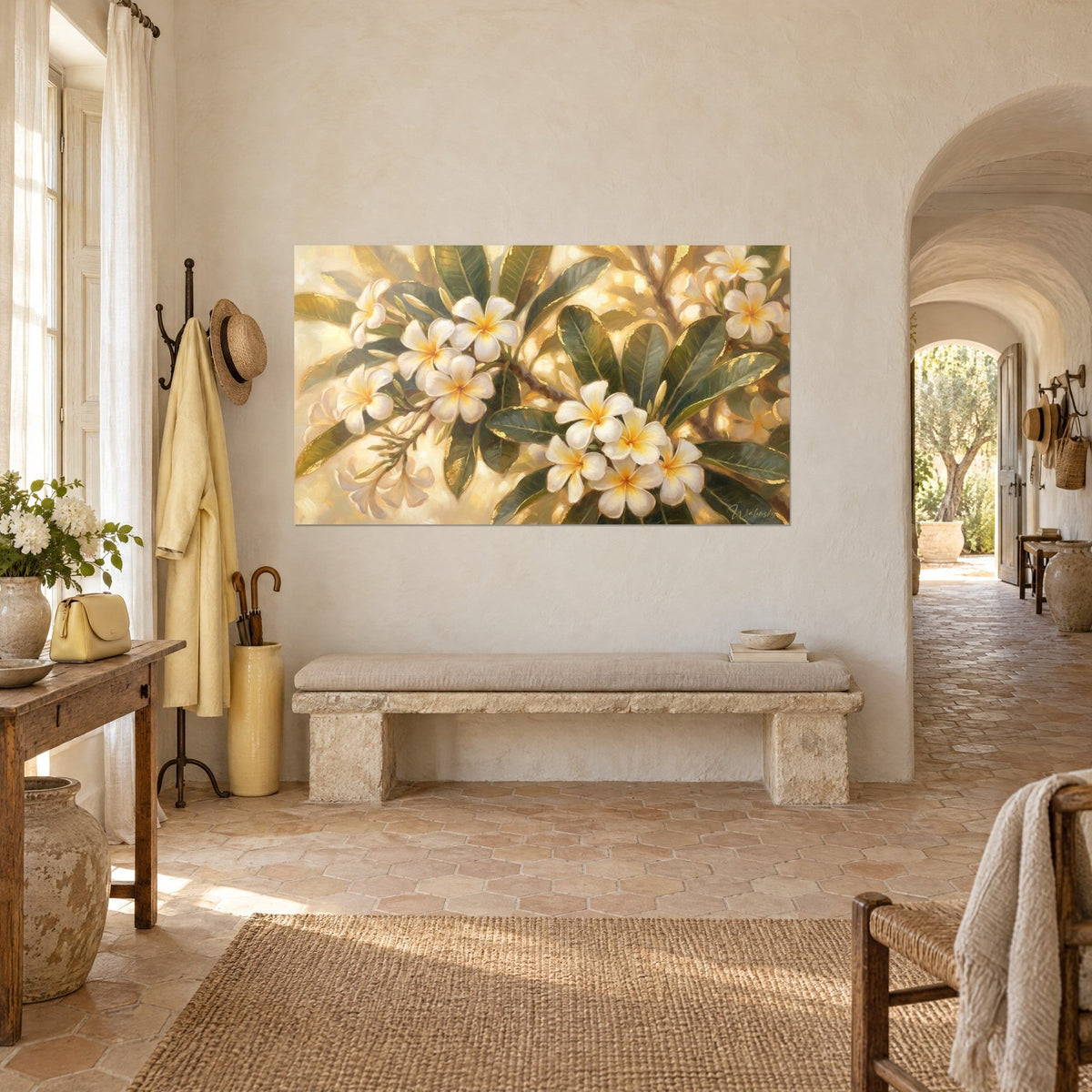 Gemälde blühende Frangipani-Bäume, elfenbeinfarbene Blütenblätter und goldene Reflexe auf dunklem Laub, dreiviertel Ansicht in einem provenzalischen Mas