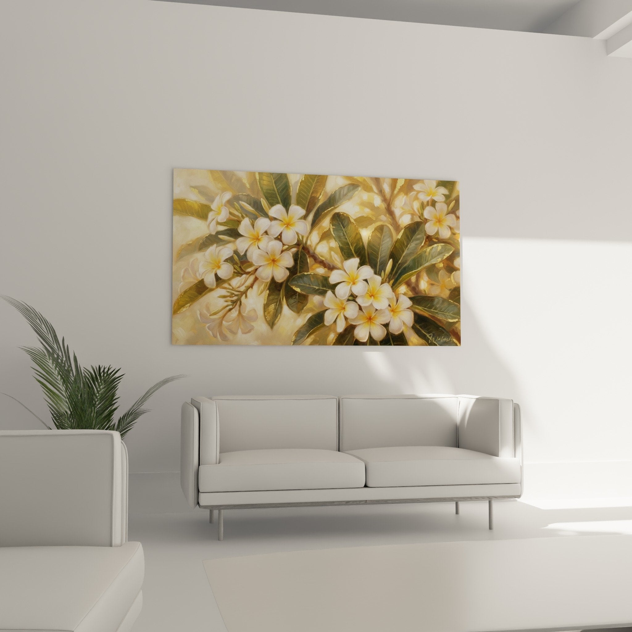 Detail fleurs frangipanier blanches coeur jaune safran peinture doree reflets lumiere chaude bali