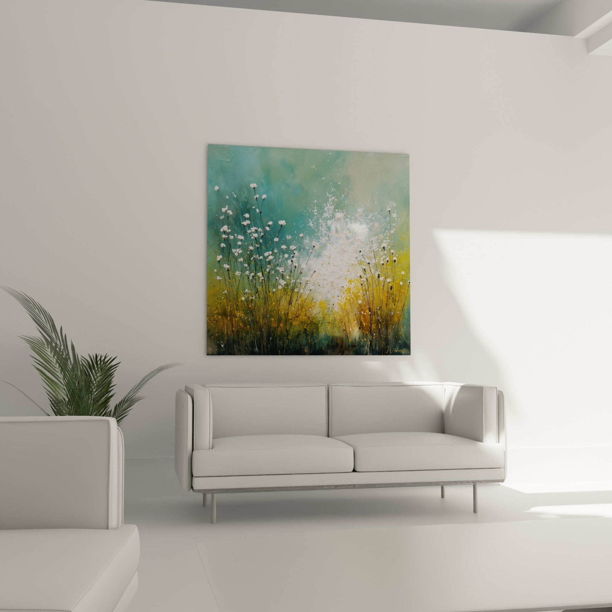 Détail fleurs blanches graminées peinture turquoise touches dorées texture artistique contemporaine