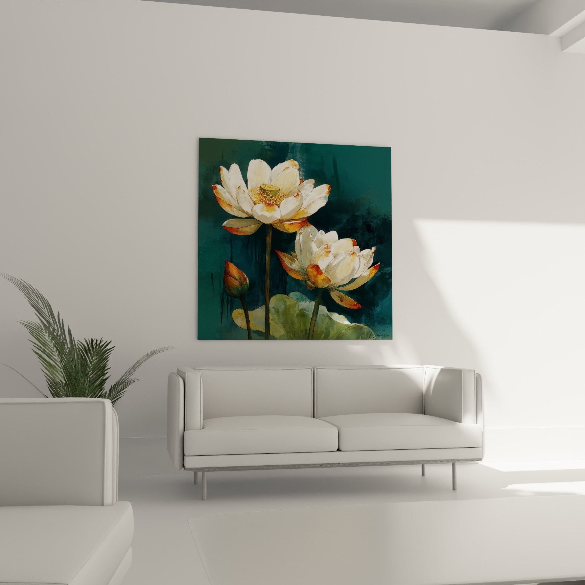 Détail fleurs lotus blanches pétales nacrés pistils dorés peinture florale moderne