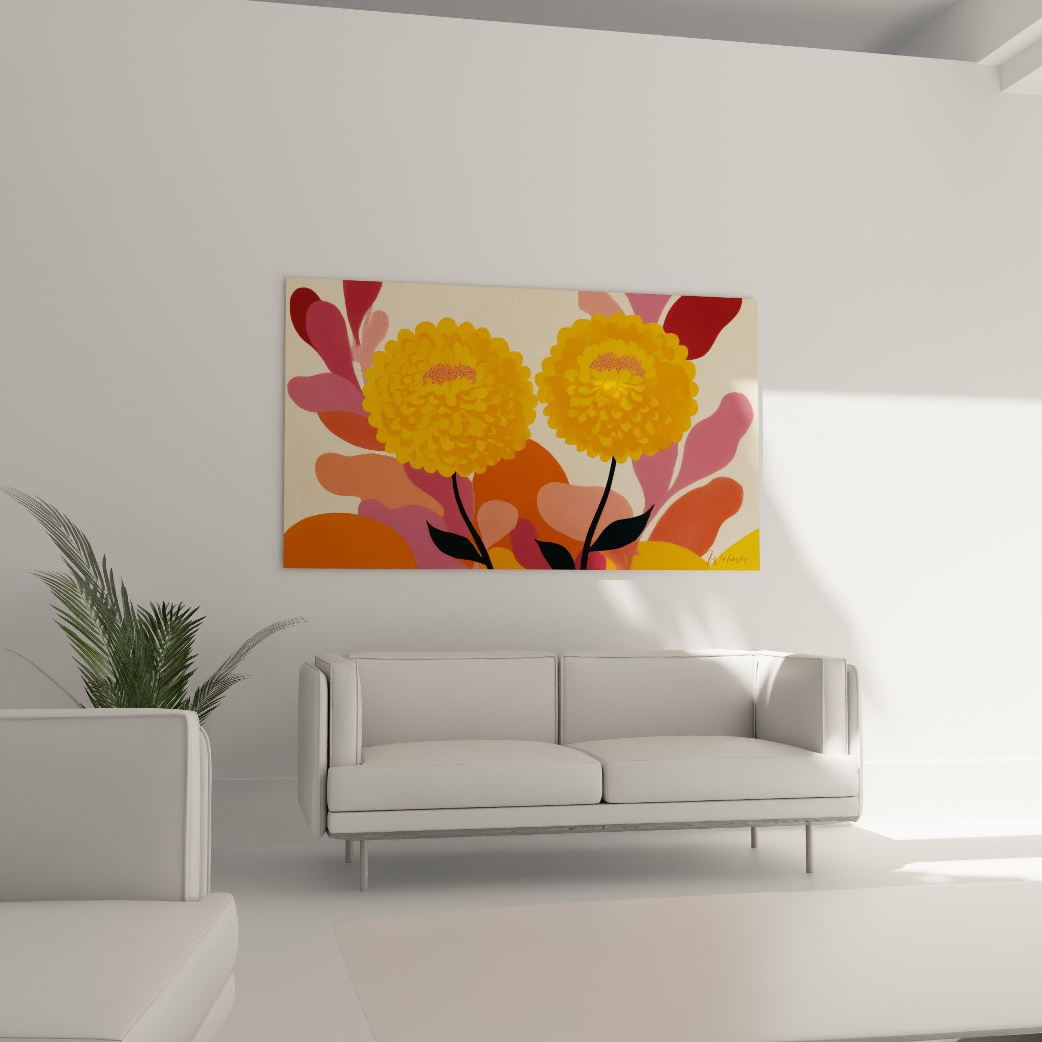 Detail fleurs oranges dorées pétales arrondis texture riche tableau feng shui sud ouest terre composition florale