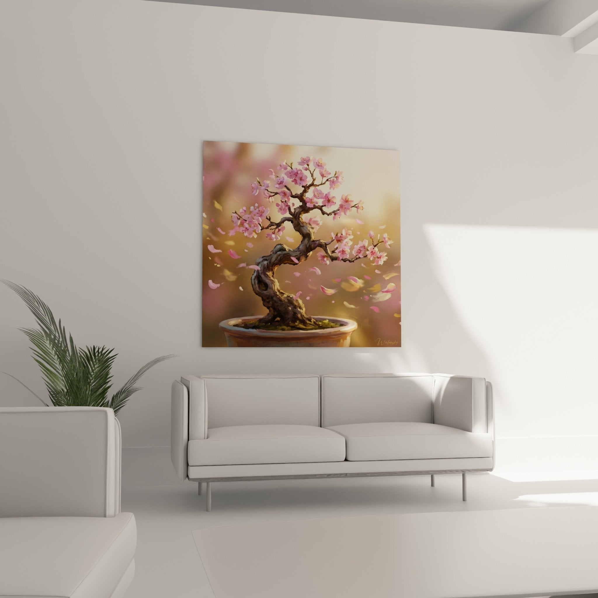 Close-up pink flowers bonsai petals hanging delicate movement flowering branches zen art