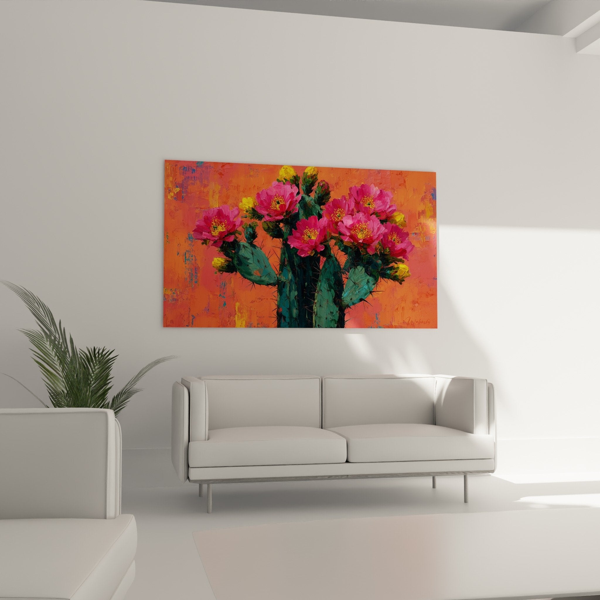 Détail fleurs roses cactus épines noires touches jaunes dorées peinture épaisse texture cubiste