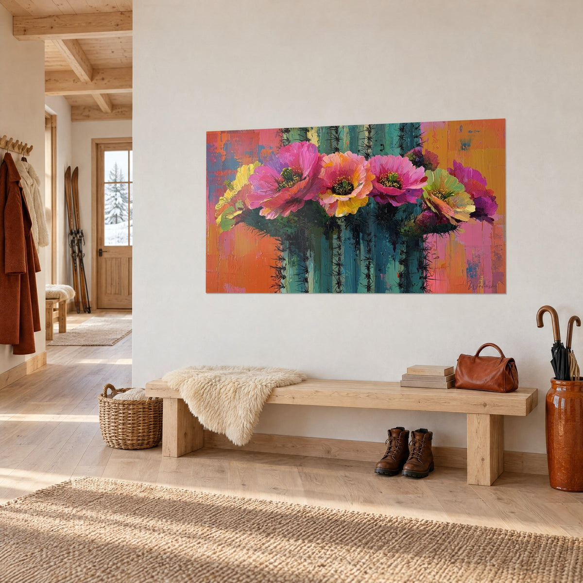 Tableau fleurs de cactus aux cœurs jaunes, tiges turquoise piquantes, entrée de chalet en bois et banc clair