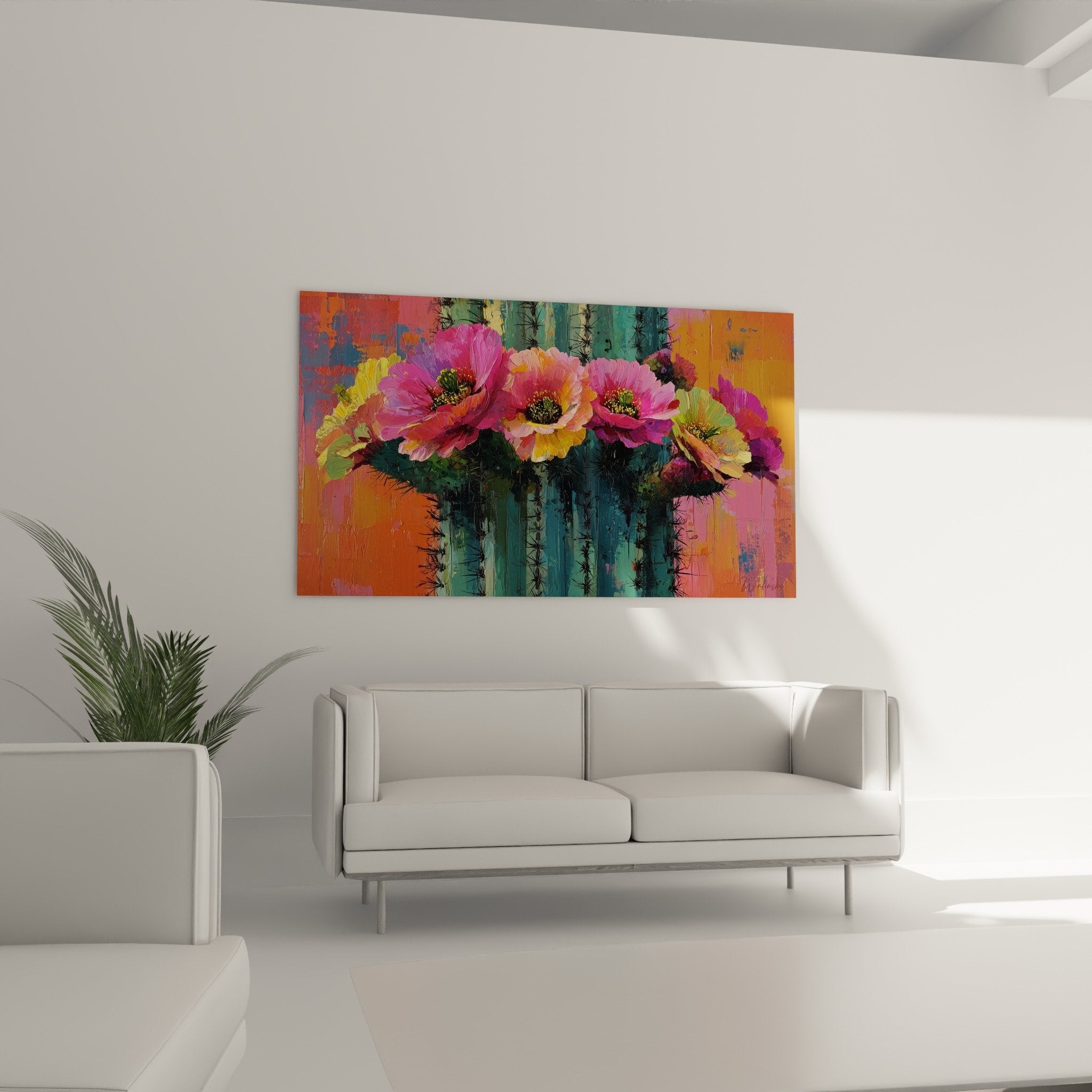 detail fleurs roses orange cactus peinture artistique couleurs vives