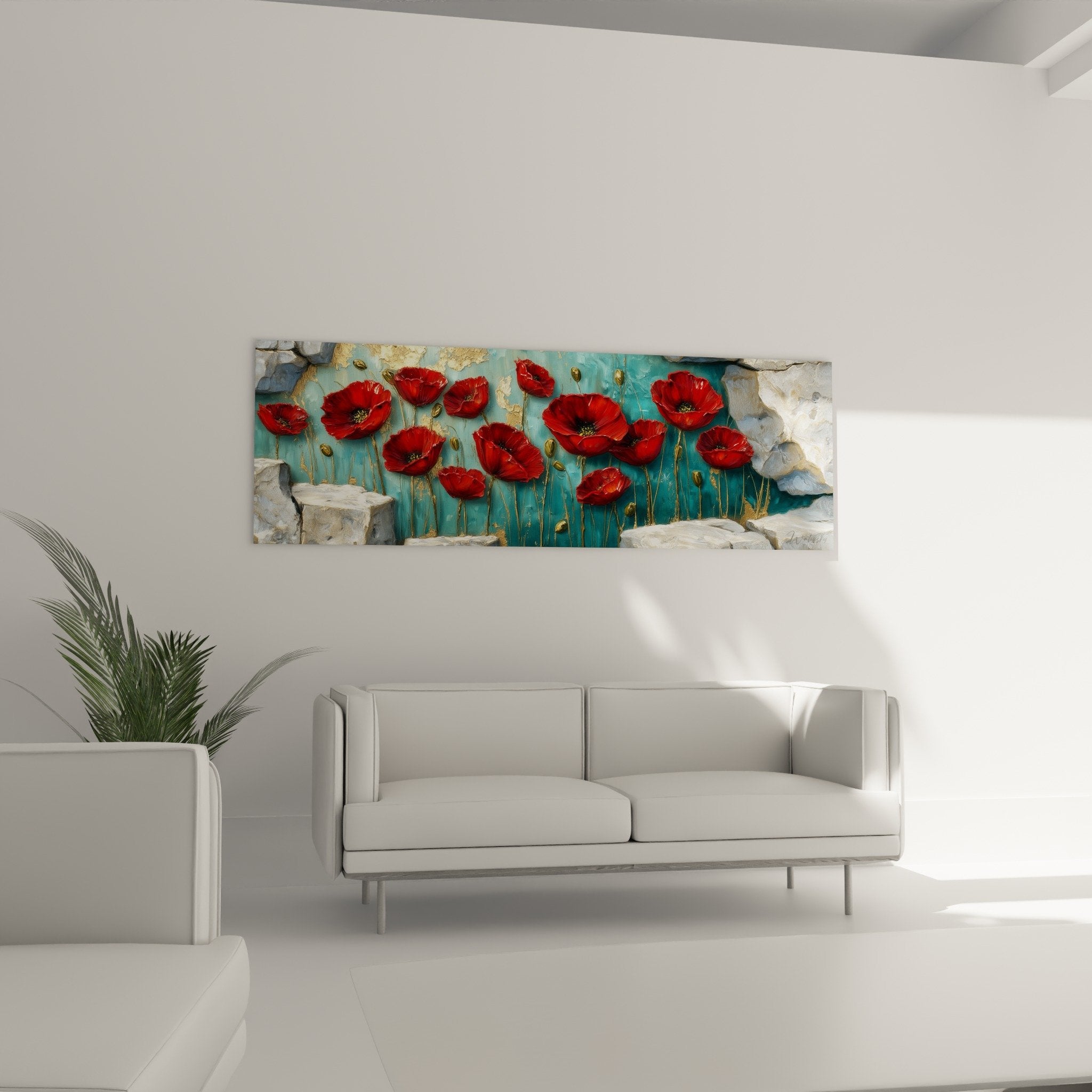 Detail fleurs rouges ecarlates tiges dorees relief rocheux blanc texture tableau artistique