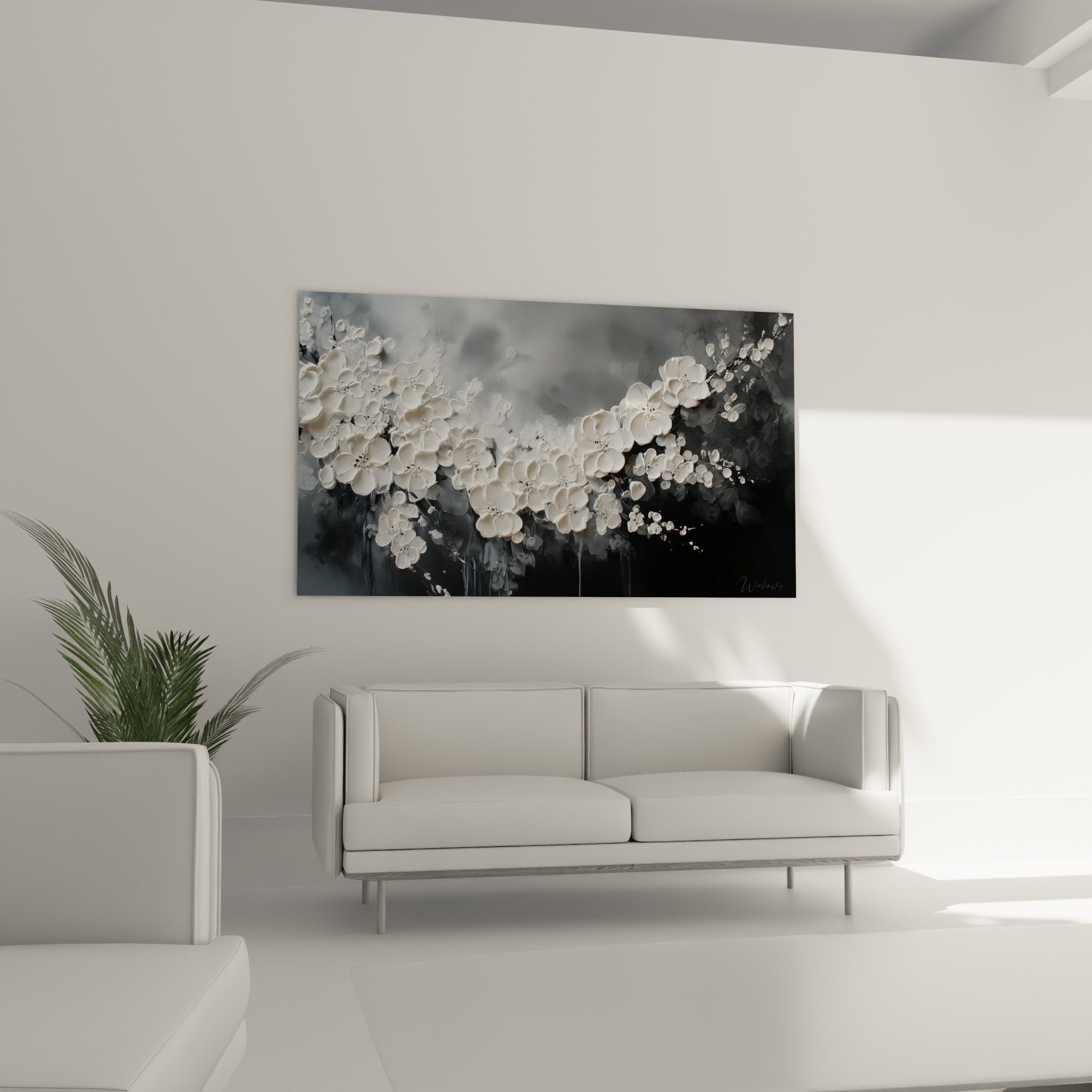 white sculpted flowers relief detail three-dimensional texture pearlescent petals contemporary art