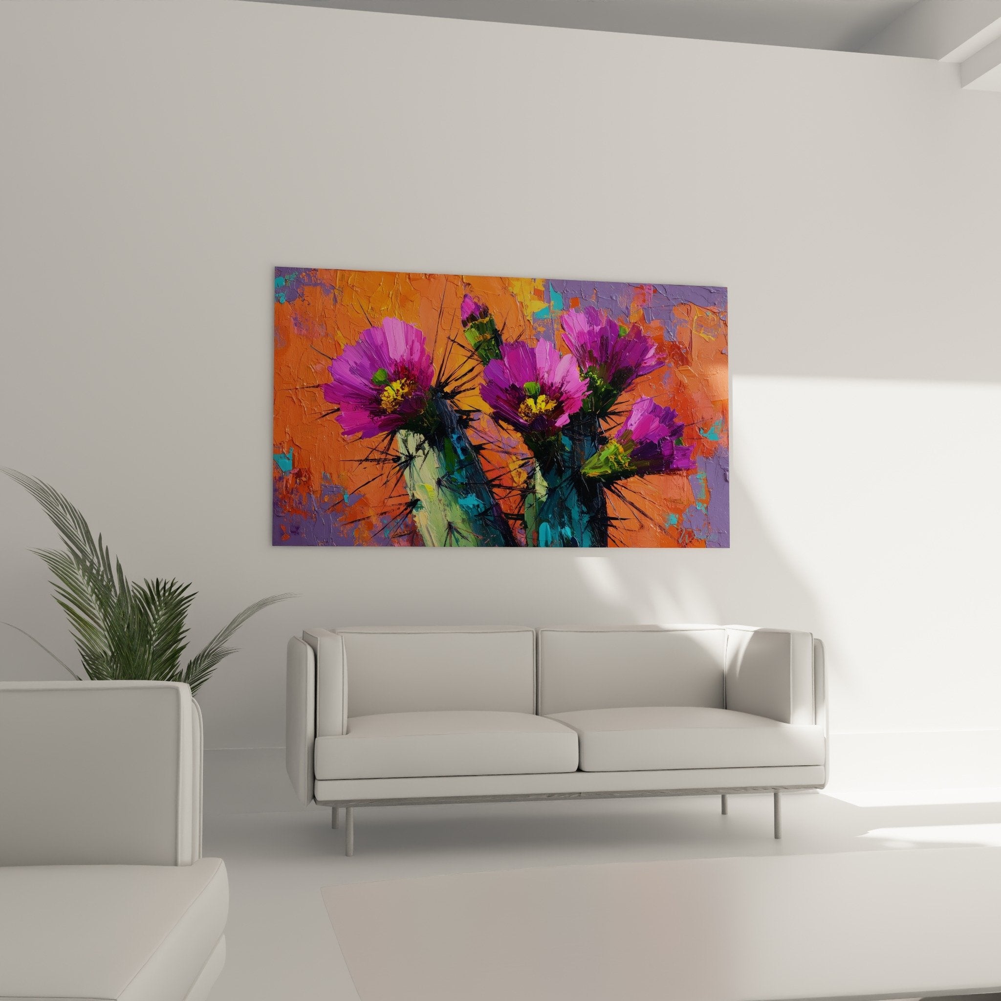 Detail magenta violet flowers cactus black spines impasto texture modern contemporary painting