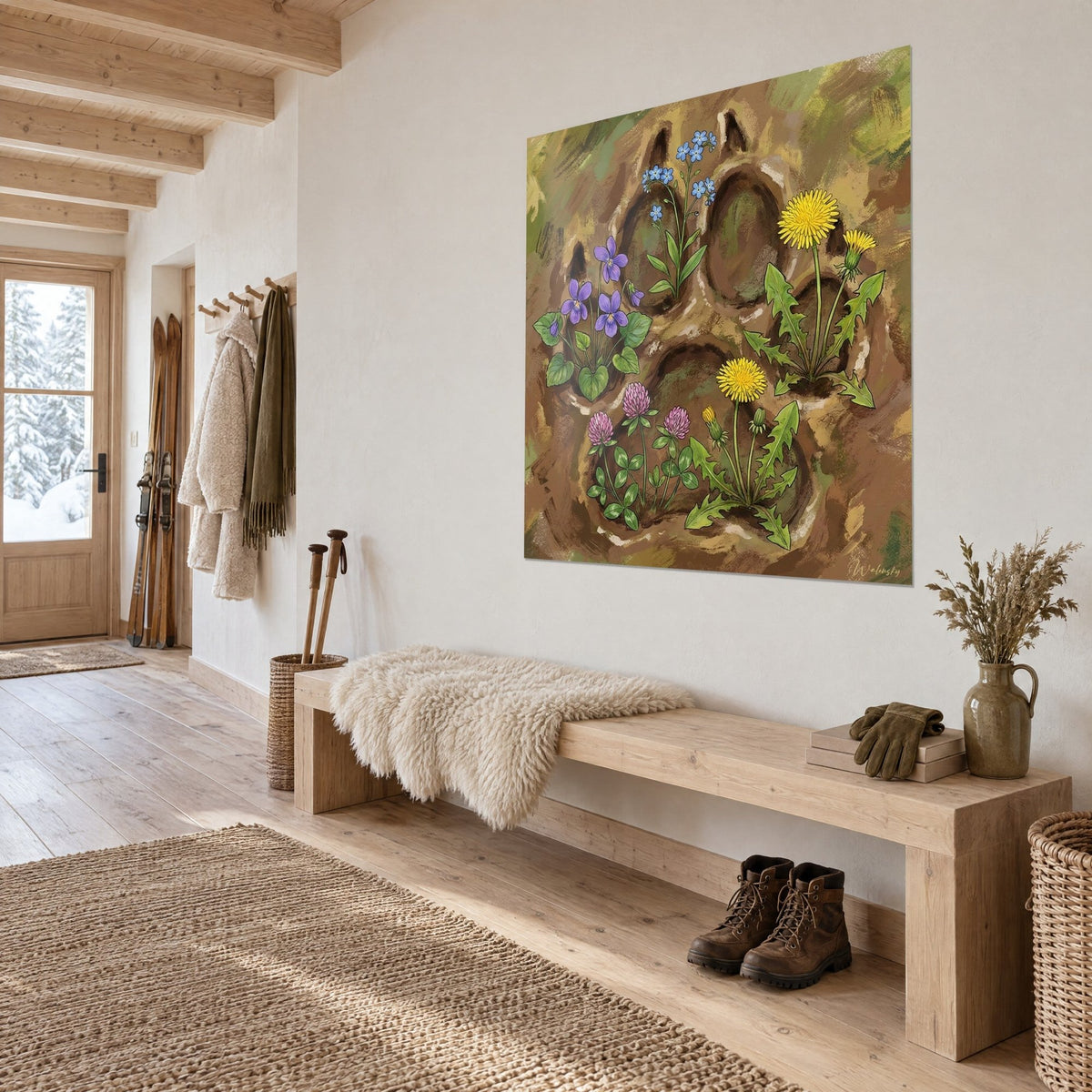 Schilderij wilde bloemen die bloeien in een voetafdruk, gele paardenbloemen en roze klaver, witte muur van een chaletentree