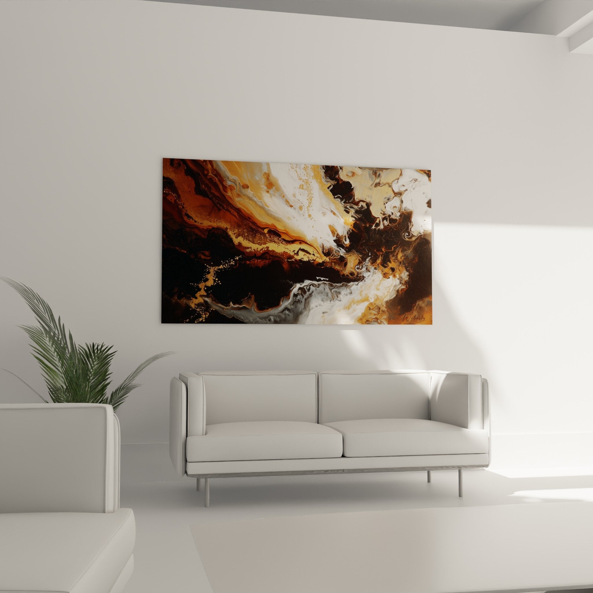 Tableau Abstrait Fluides Dorés Bruns - Feng shui Centre