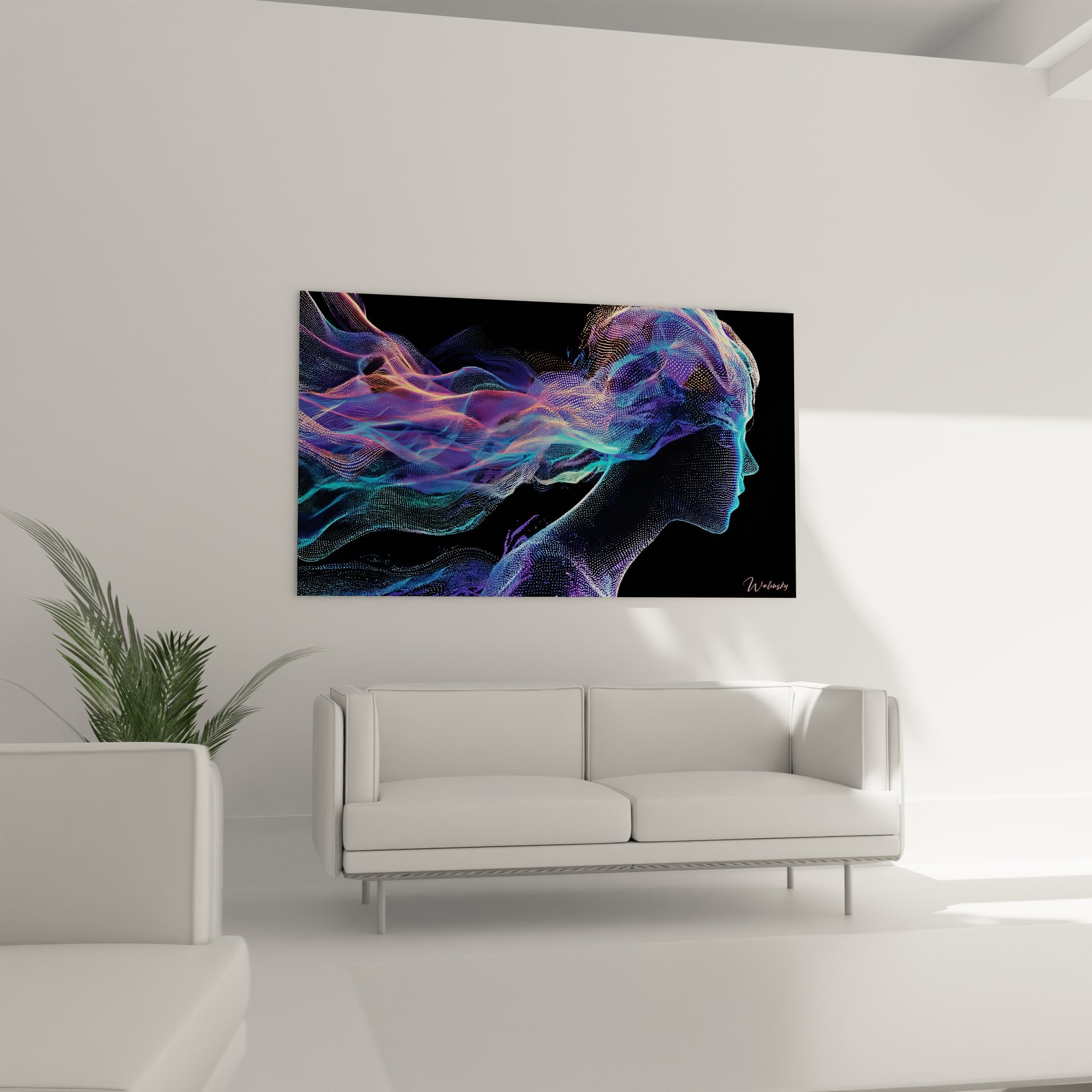 Gros plan détails flux neuronaux colorés particules lumineuses violet bleu tableau art digital