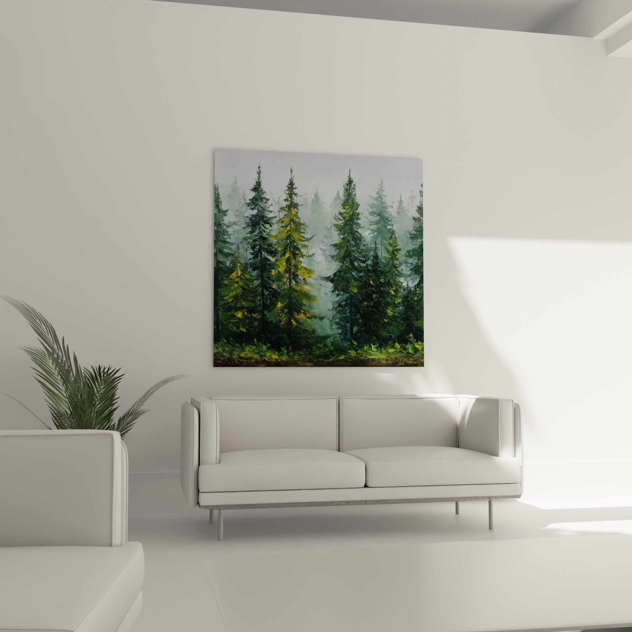Detail tableau foret coniferes texture peinture empates verts profonds touches dorees brume feng shui est bois