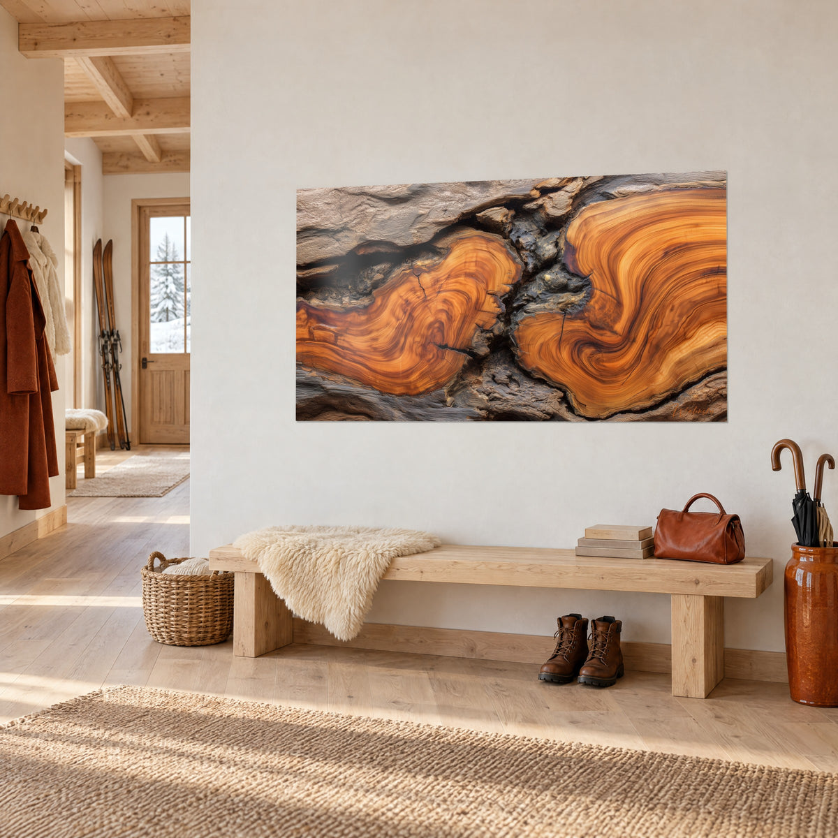 Quadro venature del legno in spirali mandarino e grigio-marrone incorniciate di roccia, appeso di traverso sopra una panca da chalet