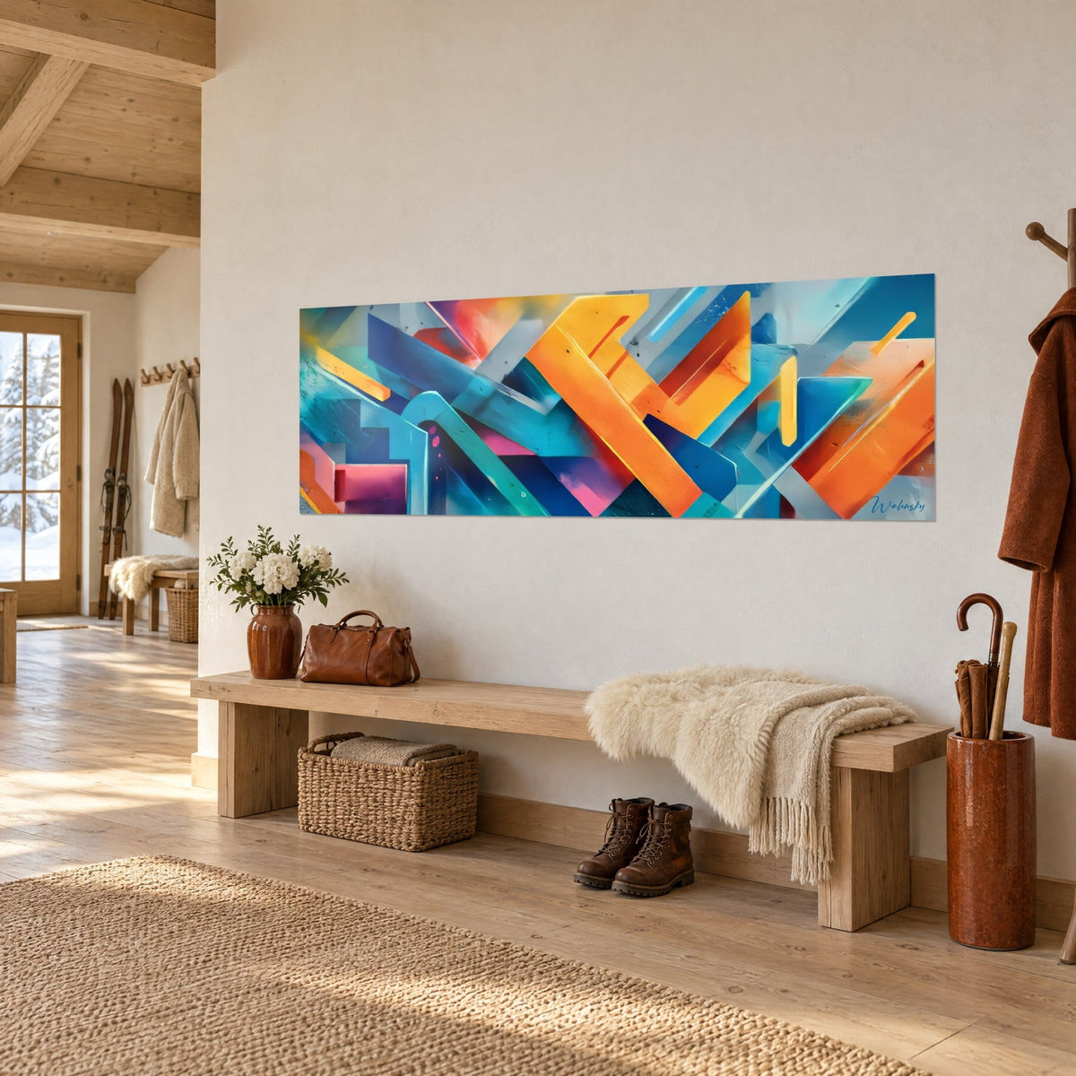 Tableau panoramique d'angles entrecroisés jaune soleil et bleu cobalt, vu de trois quarts sur un mur blanc, banc en bois clair