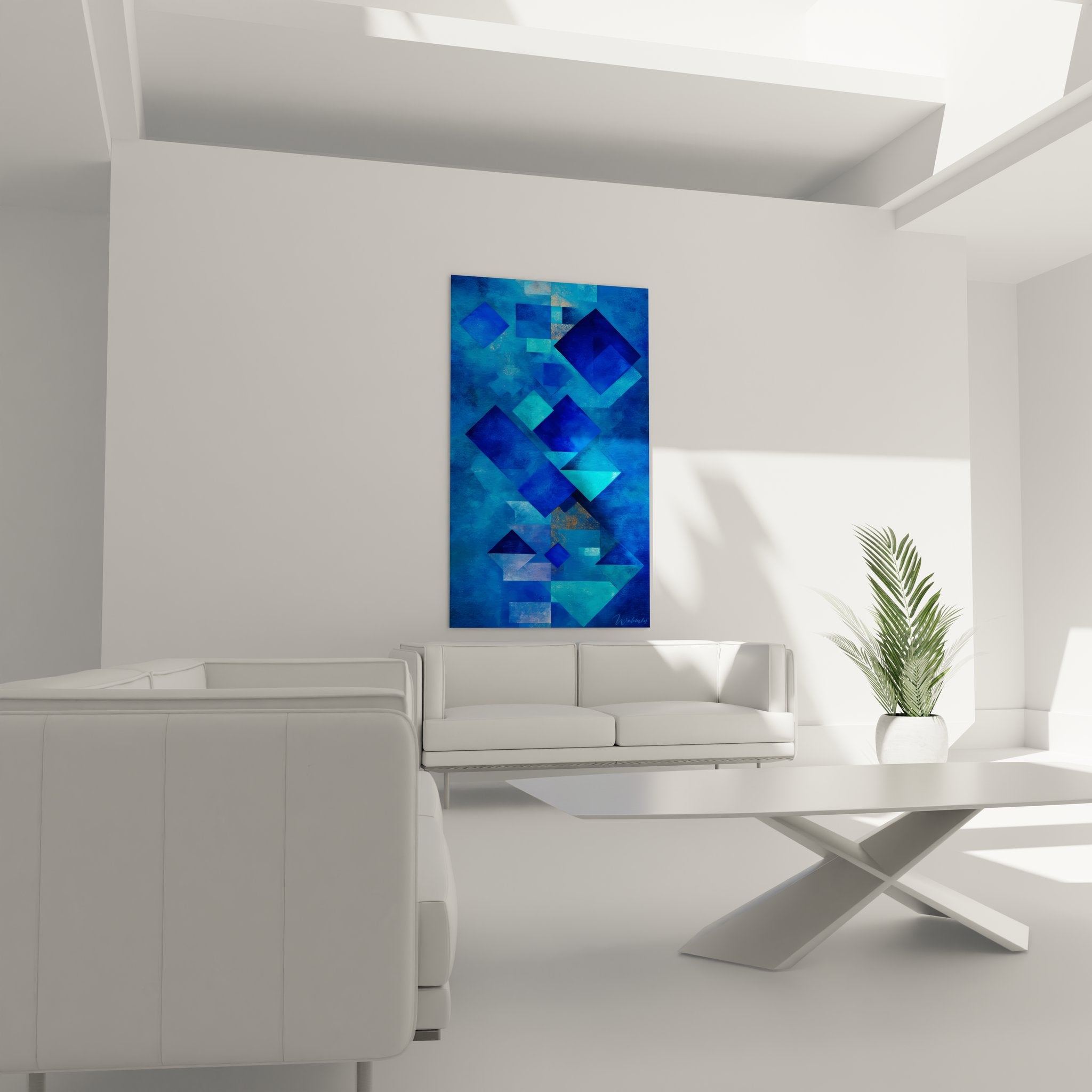 Détail formes géométriques bleues transparentes - gros plan tableau abstrait moderne
