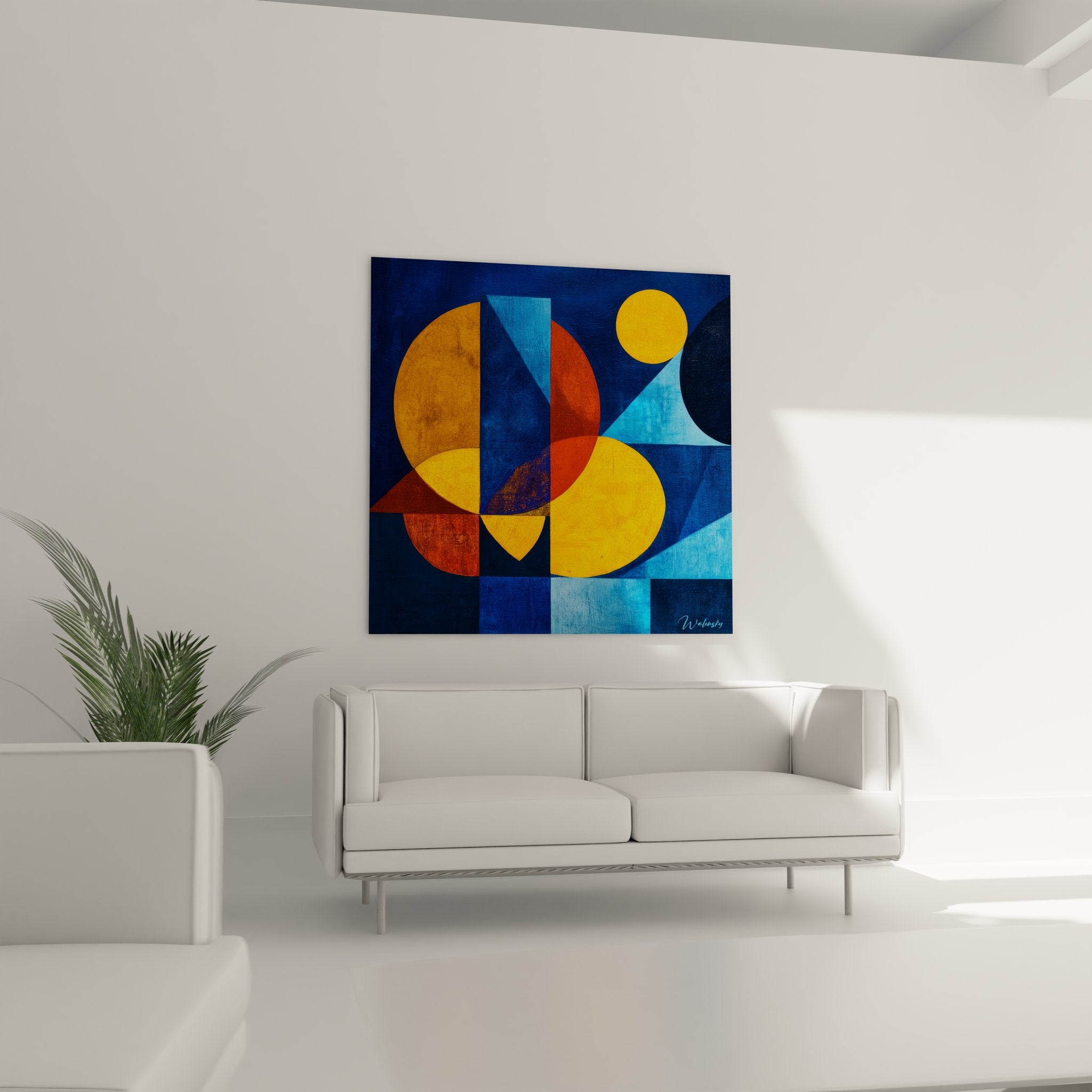 Détail rapproché des formes géométriques colorées et textures du tableau abstrait moderne