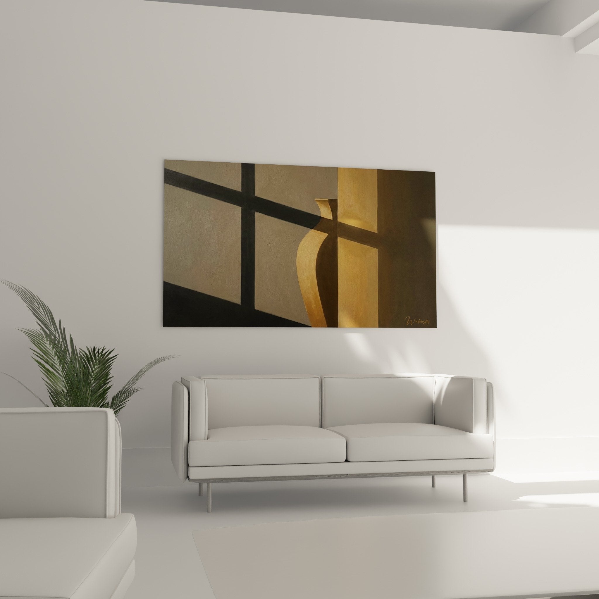 Abstract art print geometric shapes overlapping ochre beige colors modern textures detail