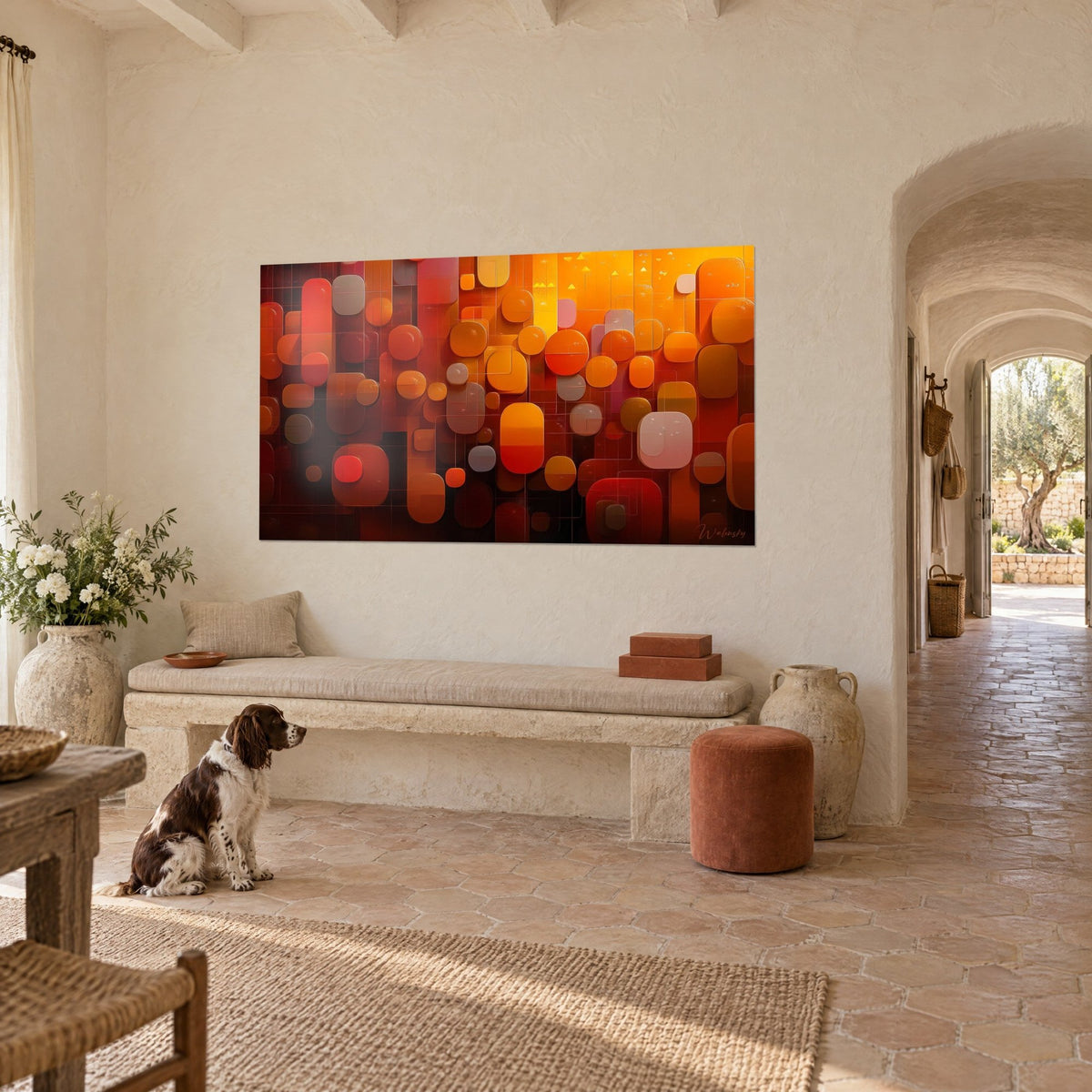 Wall art abstract composition of soft-cornered rectangles, amber and burgundy, on the wall of a Provençal farmhouse, spaniel on the floor