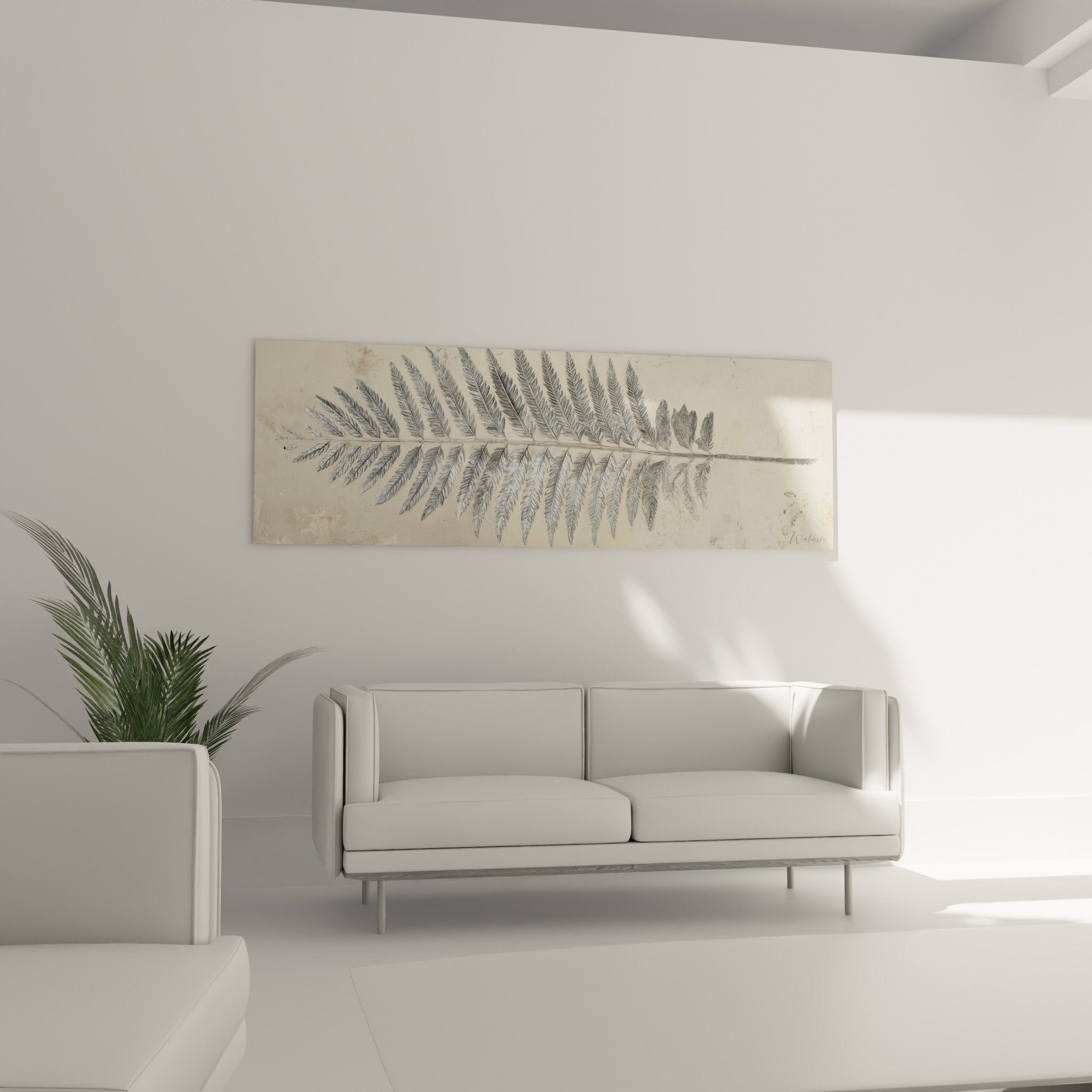 Charcoal gray fern detail delicate pinnules beige aged background botanical texture Feng shui