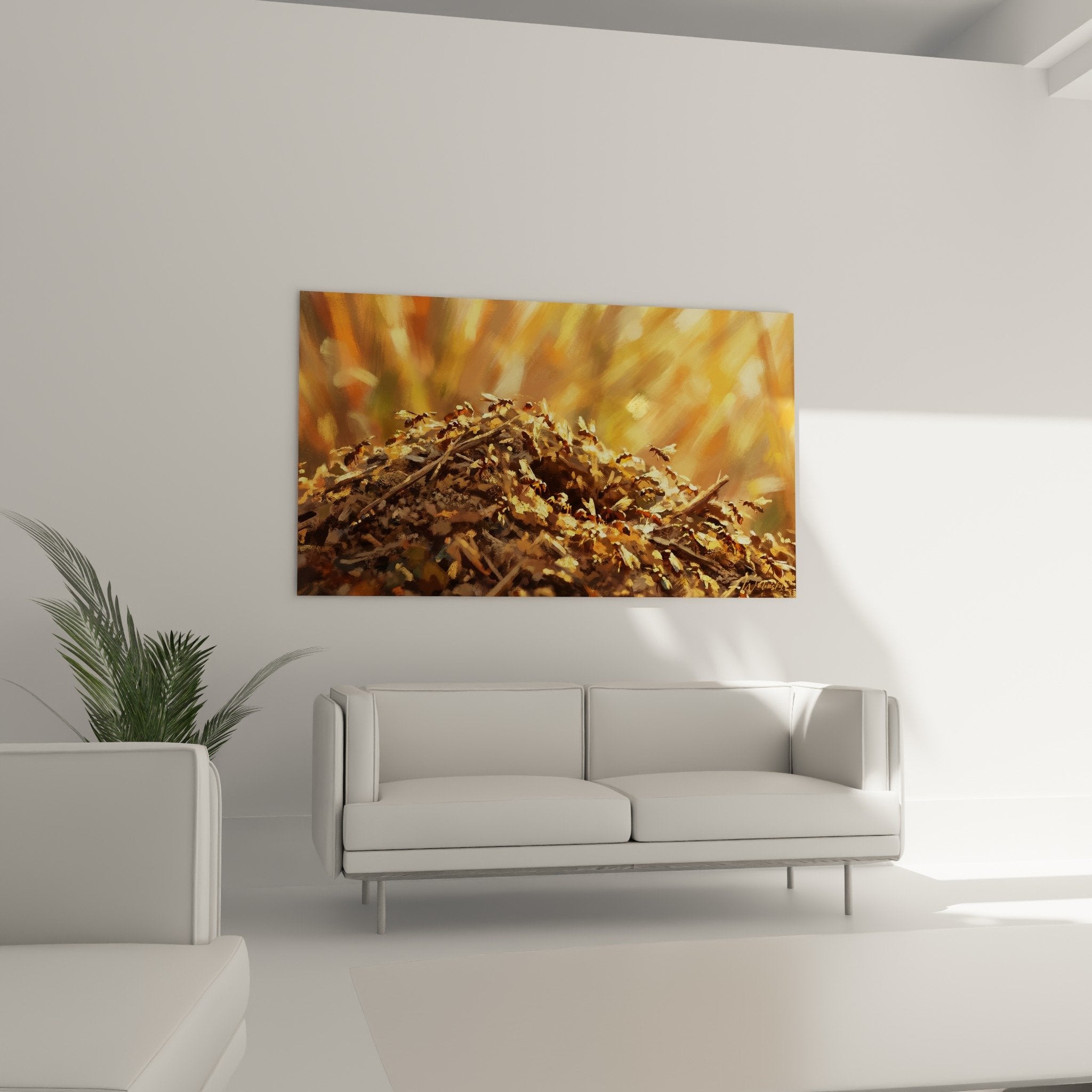 anthill detail luminous rays amber copper tones natural texture ant