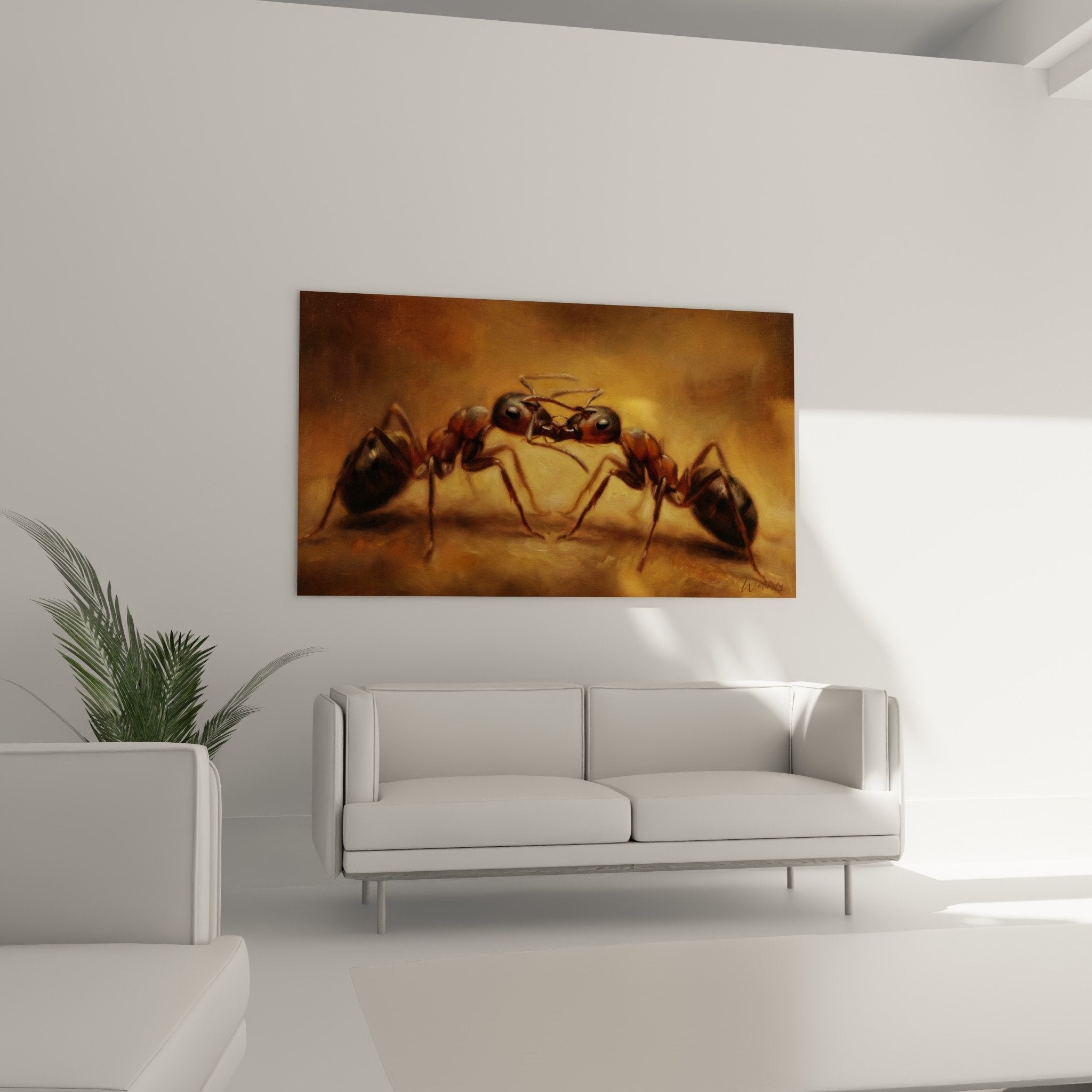 Detailaufnahme Gemälde riesige Ameisen golden glänzende metallische Reflexionen realistische Textur